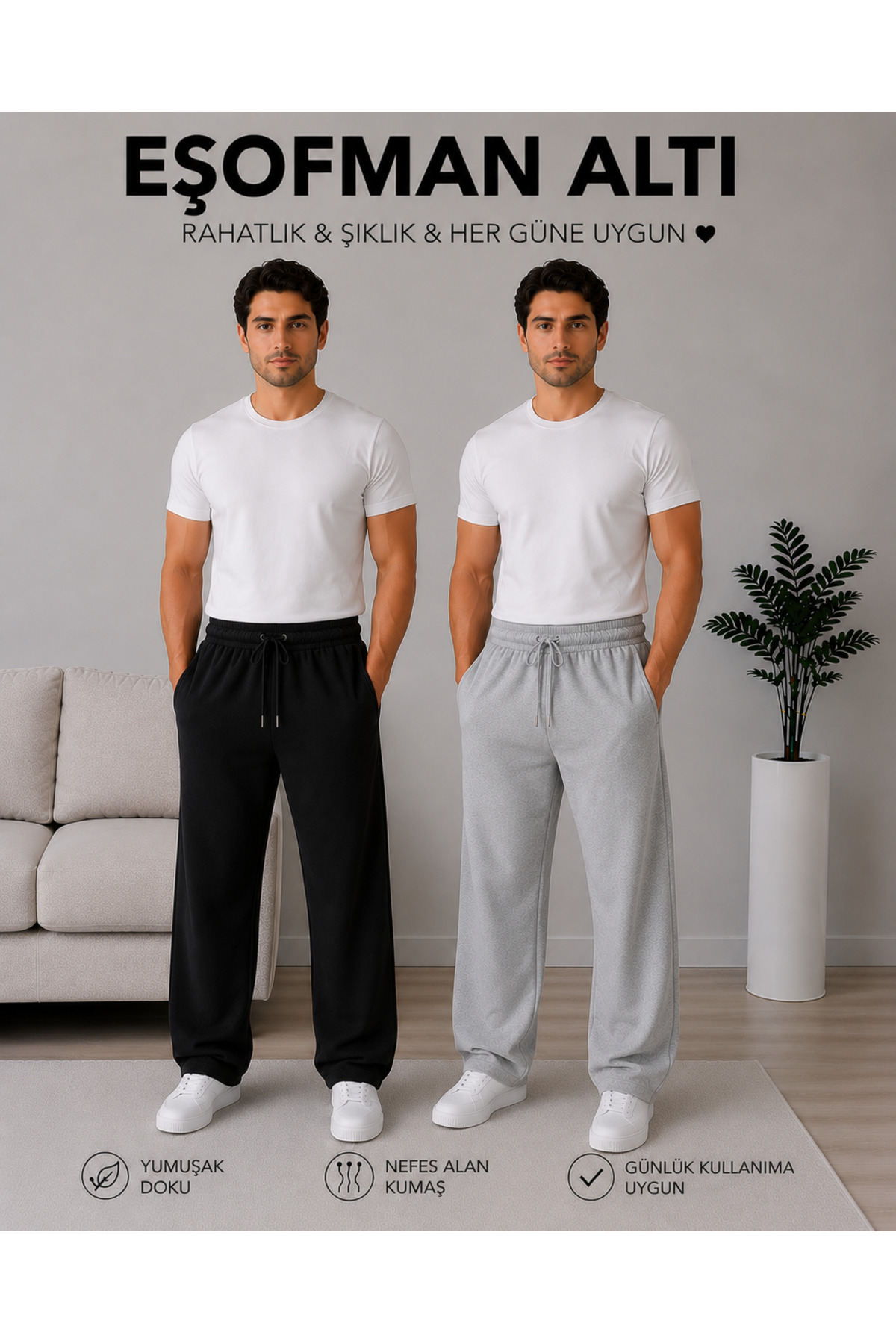 ADR MODA Men's 2-Piece Black Gray Wide Leg Sweatpants Anti-Sweat