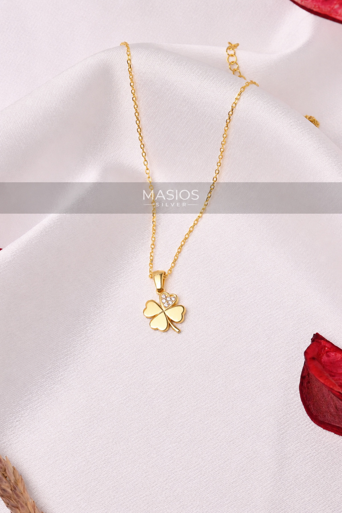 Masios Silver Zirkon Taşlı Gold Renk 4 Yapraklı Yonca Model 925 Ayar Gümüş Kolye görsel 5