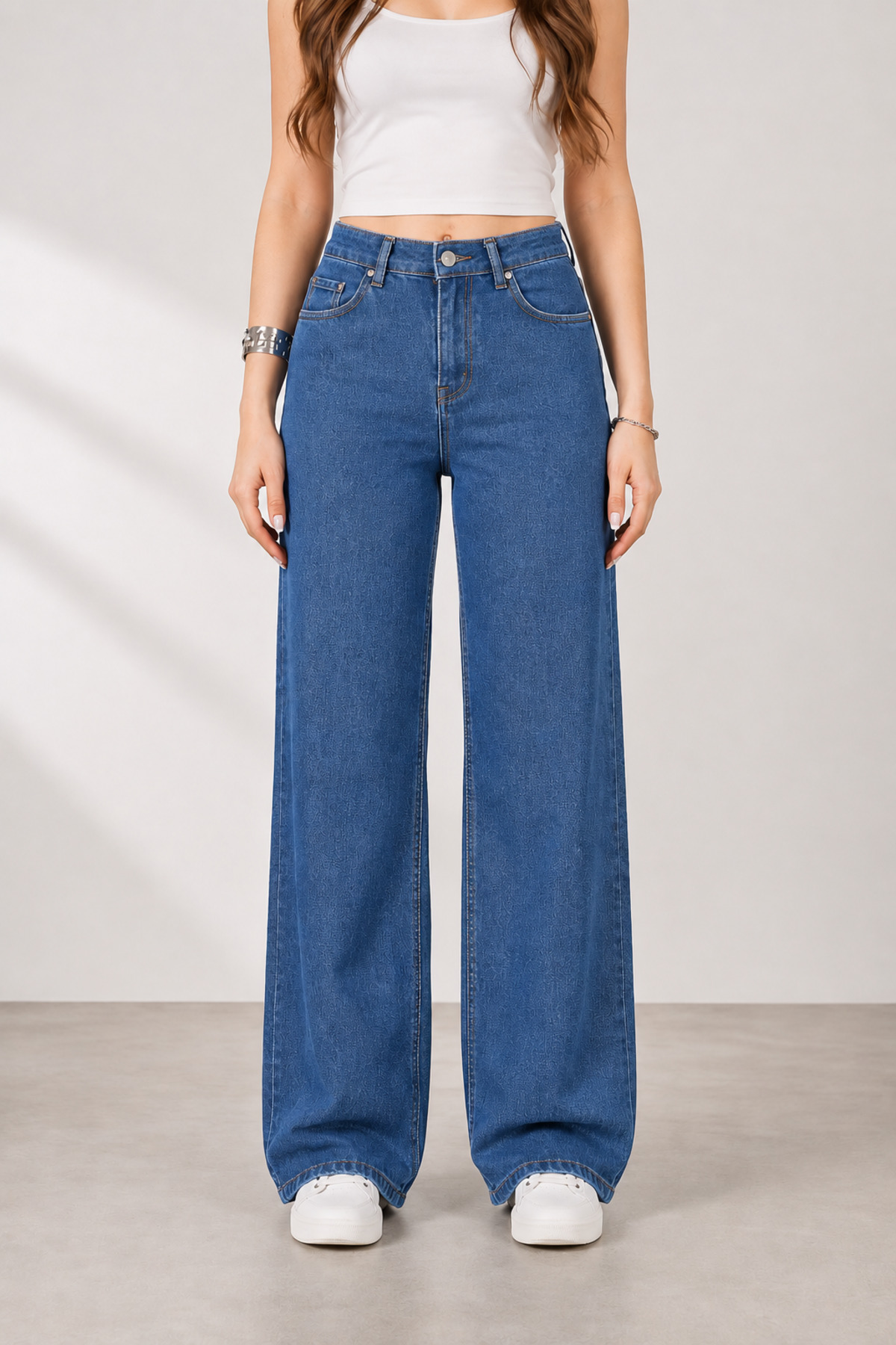 Lighter Jeans  Kadın Orta Mavi Yüksek Bel Straight Fit Wide Leg Jean Pantolon Rahat Kalıp Likralı Denim Kot