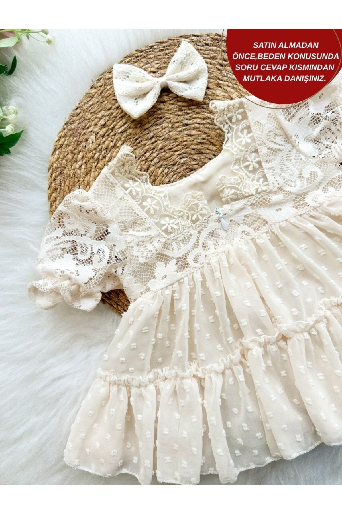 aysskids Daphne Dantel İşlemeli ve Puanlı Ekru Bayramlık Özel Gün Kız Bebek Romper Elbise