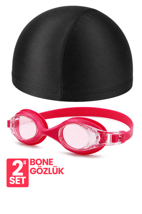 Telvesse 2li Set Yüzücü Gözlüğü Kumaş Bone Set Yüzme Havuz Deniz Gözlüğü Pembe