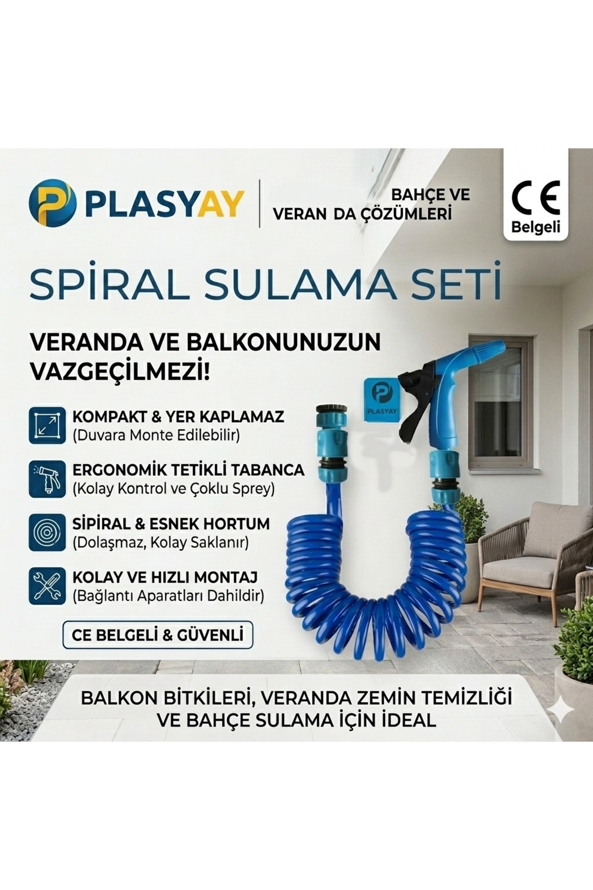 PLASYAY Spiral Balkon Araç Yıkama Bahçe Sulama Hortumu Ve Tetikli Tam Set 3.5 Metre