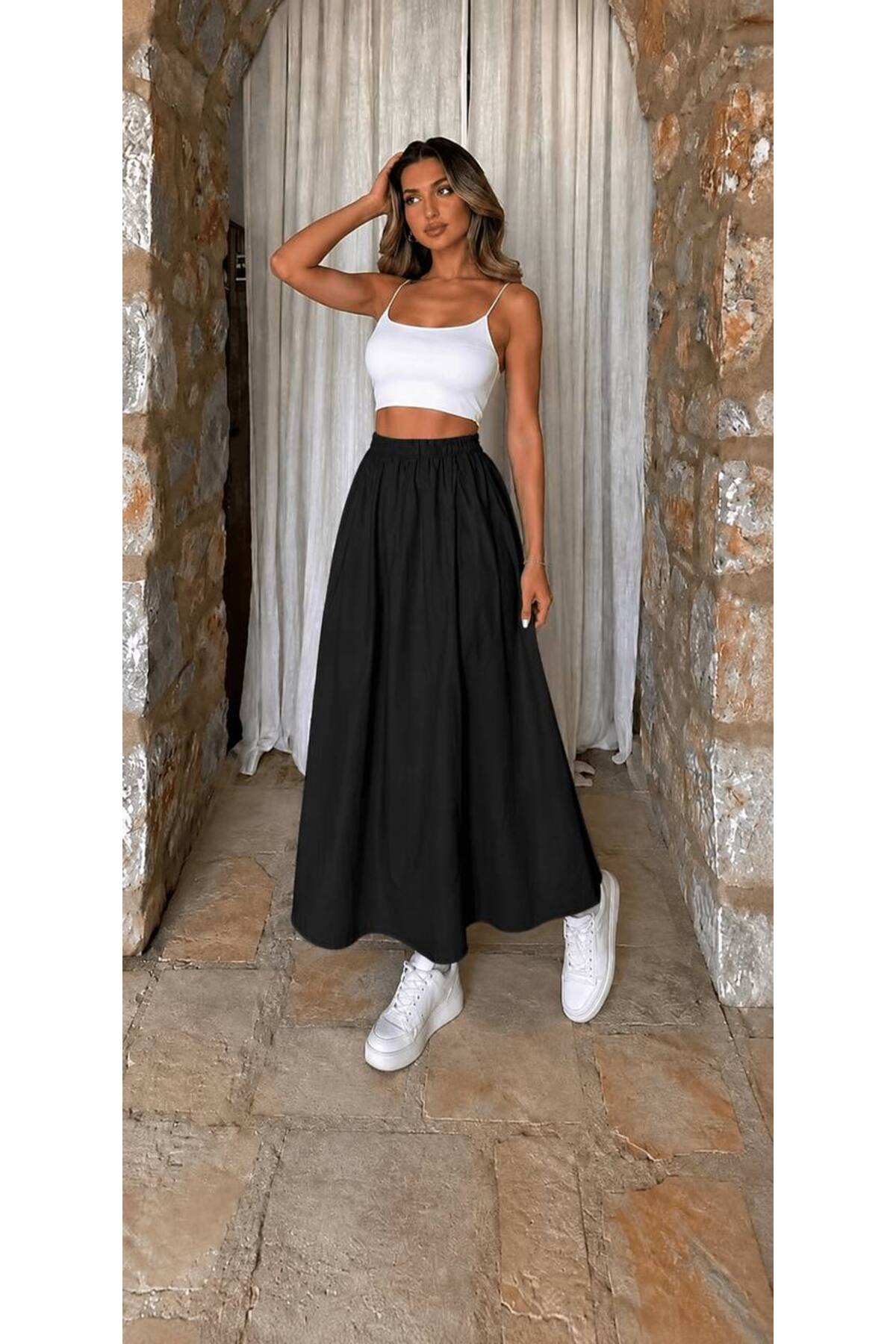 Gülmude Uzun Lastikli Cepli Günlük Etek Poplin Kumaş görsel 3