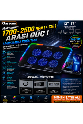Classone Gaming M60 Laptop Soğutucu 2500 RPM , RGB ,Telefon Standı, 15.6 - 17...