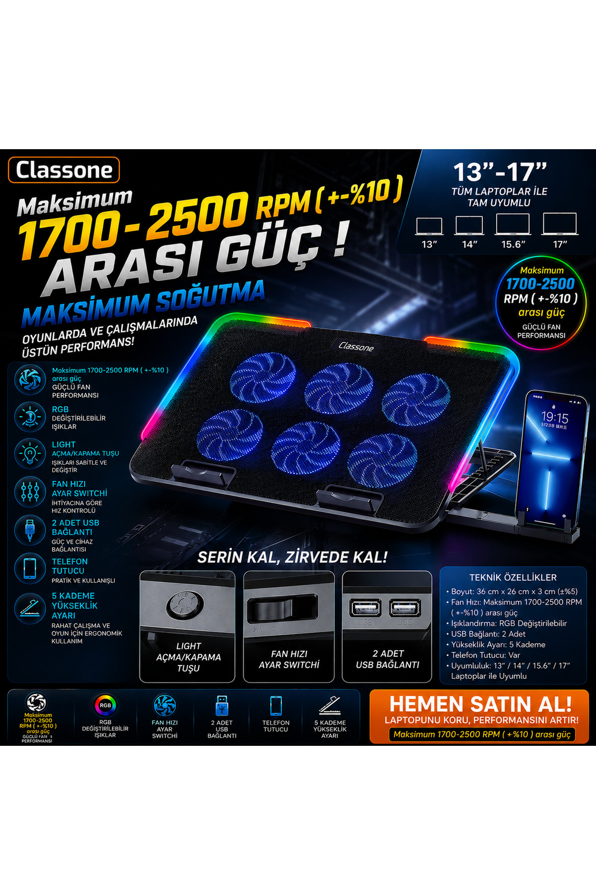 Gaming M60 Laptop Cooler 2500 RPM , RGB ,Phone Stand, 15.6 - 17 inch Compatible