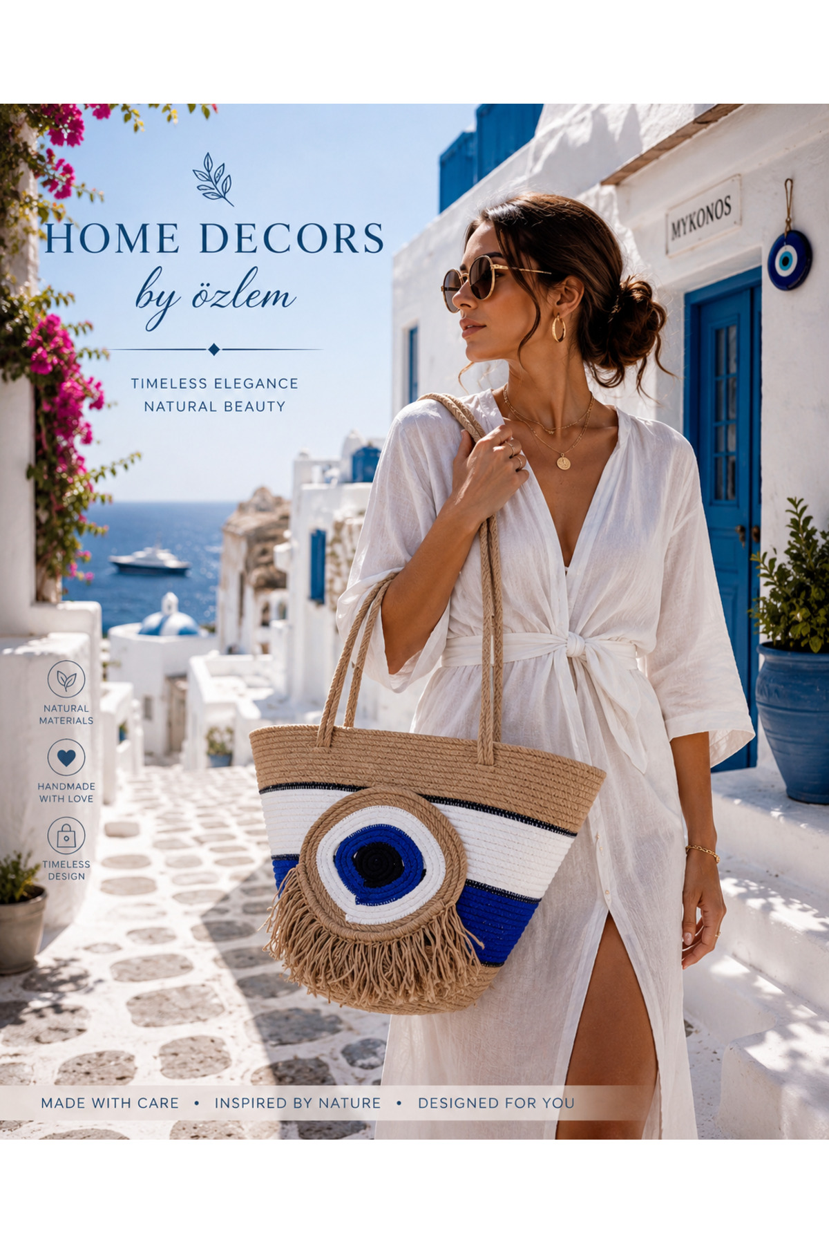Straw Bag Shoulder Bag Evil Eye Beach Bag Handmade Design Style Summer Fashion-30cmx40-42cm