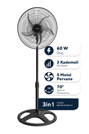 KUMTEL KTF-340 Siyah 18 İnç Sanayi Tipi Vantilatör 3in1 60 W,5 Kanatlı, 3 Kad...