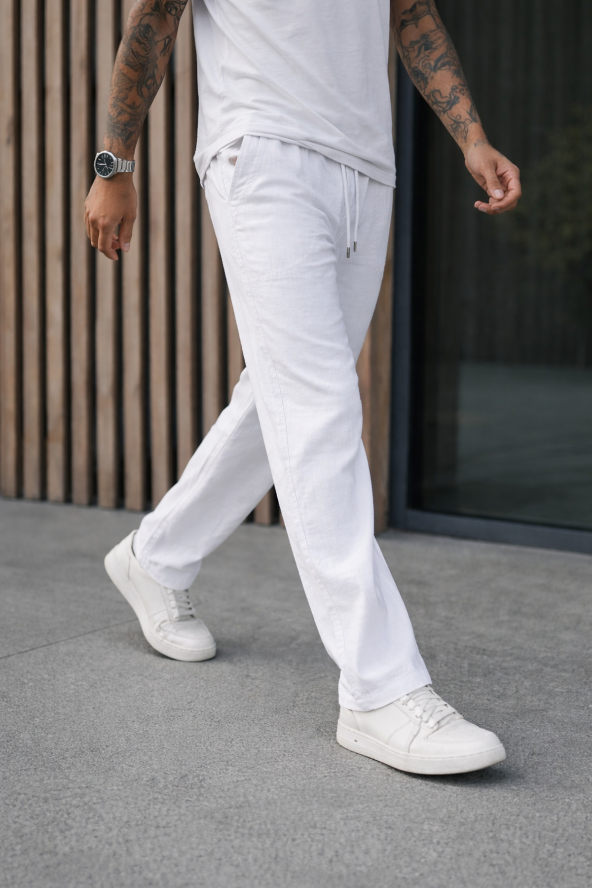 DAMGA JEANS Erkek Premium Jogger Relax Fit Beyaz Keten Pantolon görsel 3