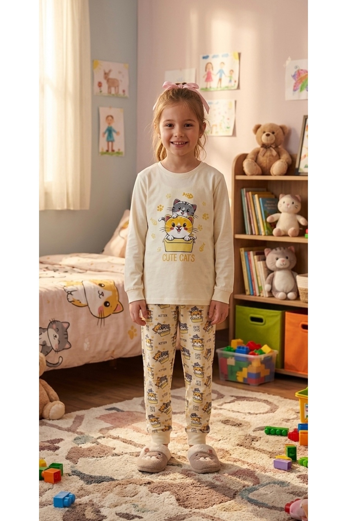 elmas kids Girl's Cotton Yellow Cat Patterned Seasonal Long Sleeve Pajama Set
