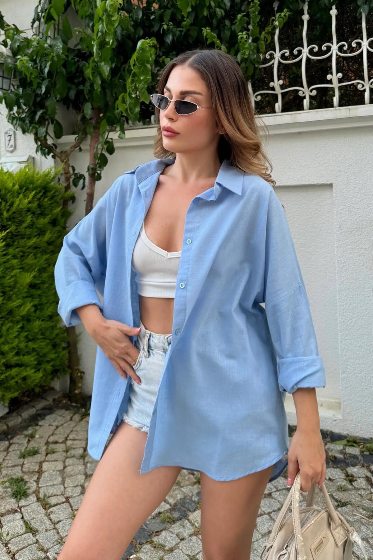 Rouge basıc Oversize Keten Dokulu %100 Pamuk Salaş Gömlek görsel 2