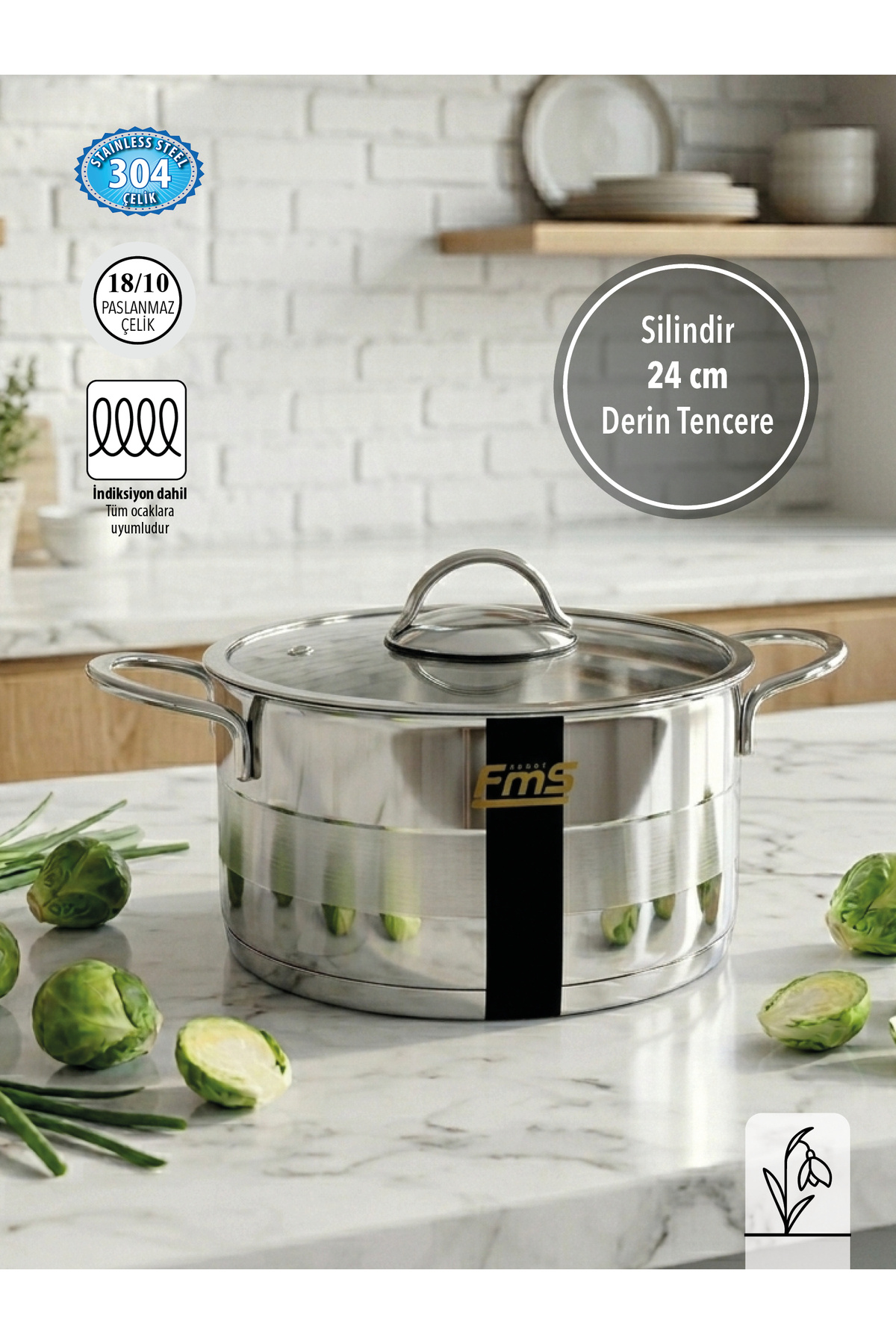 24 Cm Cylinder Deep Steel Cooking Pot | 6.3 L | 18/10 Stainless | Induction Base | 304 Quality