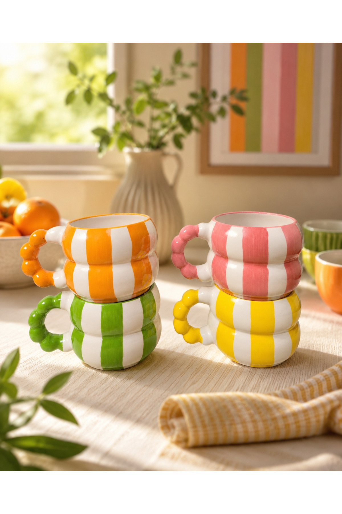 Hand Embroidered Ceramic Mug with 4-Layer BEAD HANDLE STRIP PATTERN