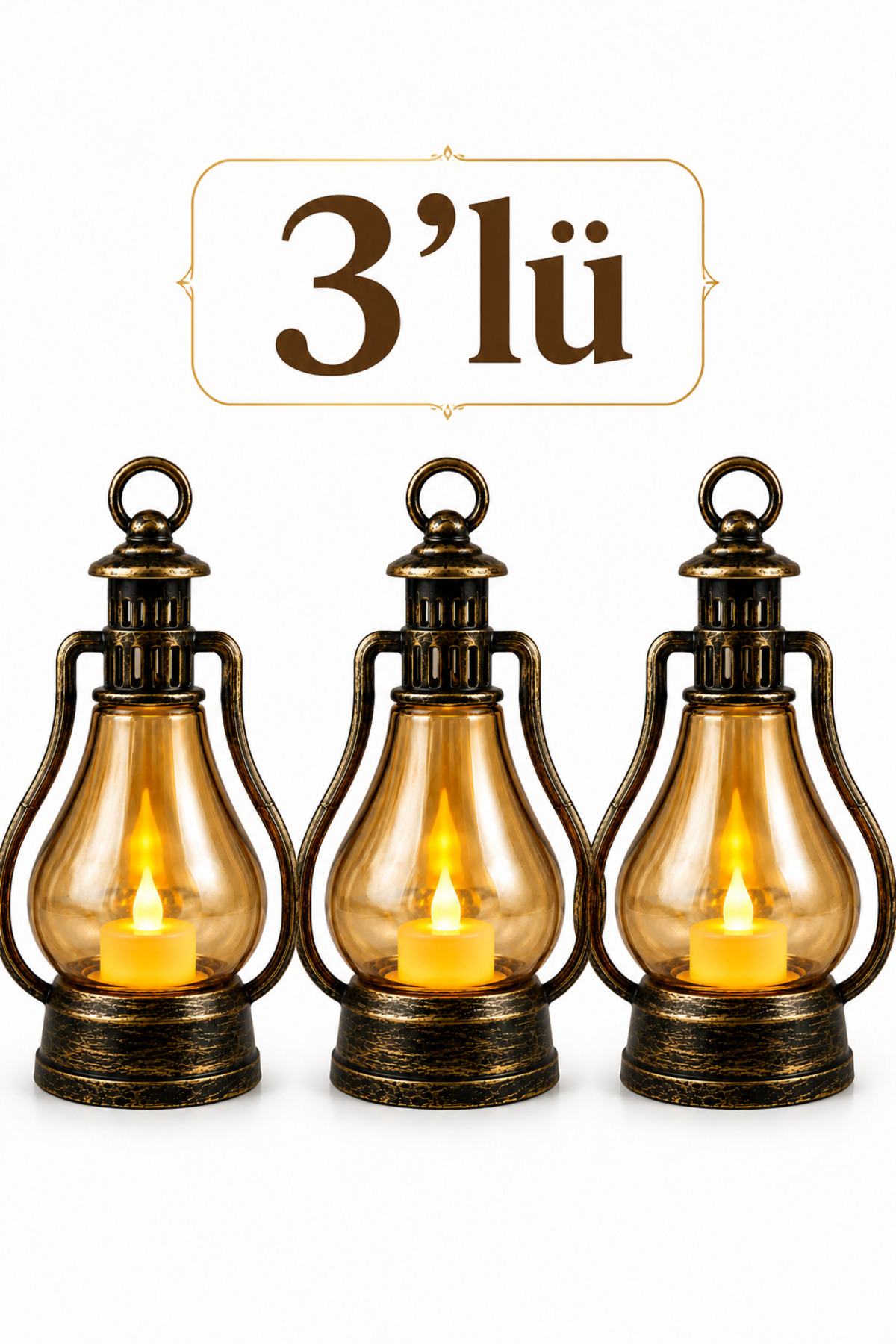 3-Piece led Candle Gas Lamp Type-Retro Vintage Battery-Powered - Decorative Hand Lamp with Smokeless Flame Effect Copper