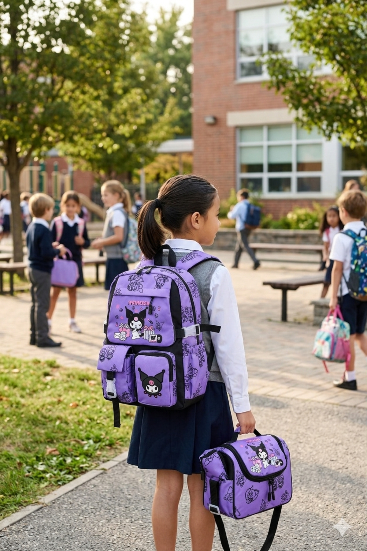 CANLOOR Waddell Korean Style Kuromi Themed Lilac Children's Primary School Backpack, Thermal Lunch Bag and Pen Holder
