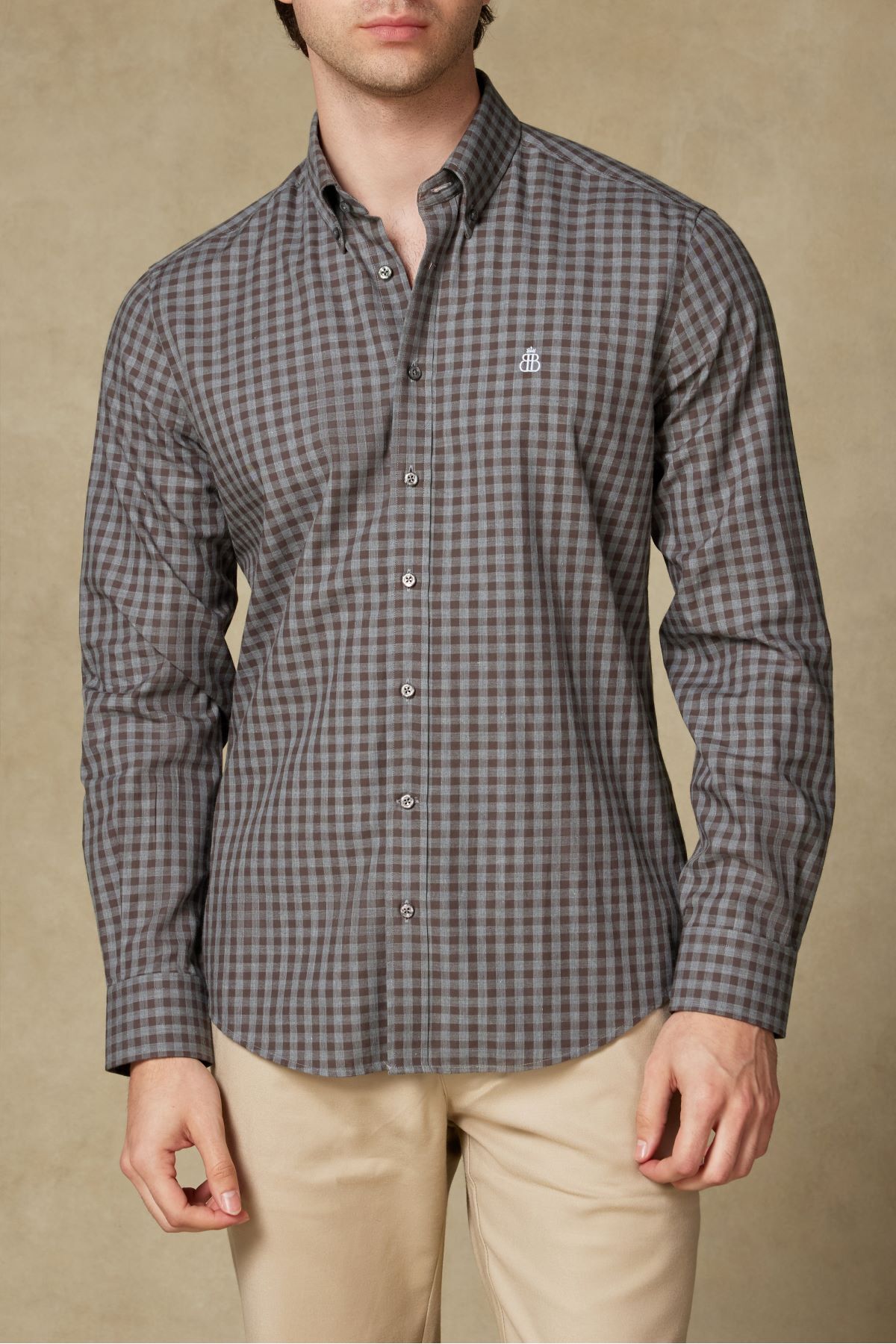 Luca Poplin Cotton Comfort Fit Brown Buttoned Collar Men's Checkered Shirt