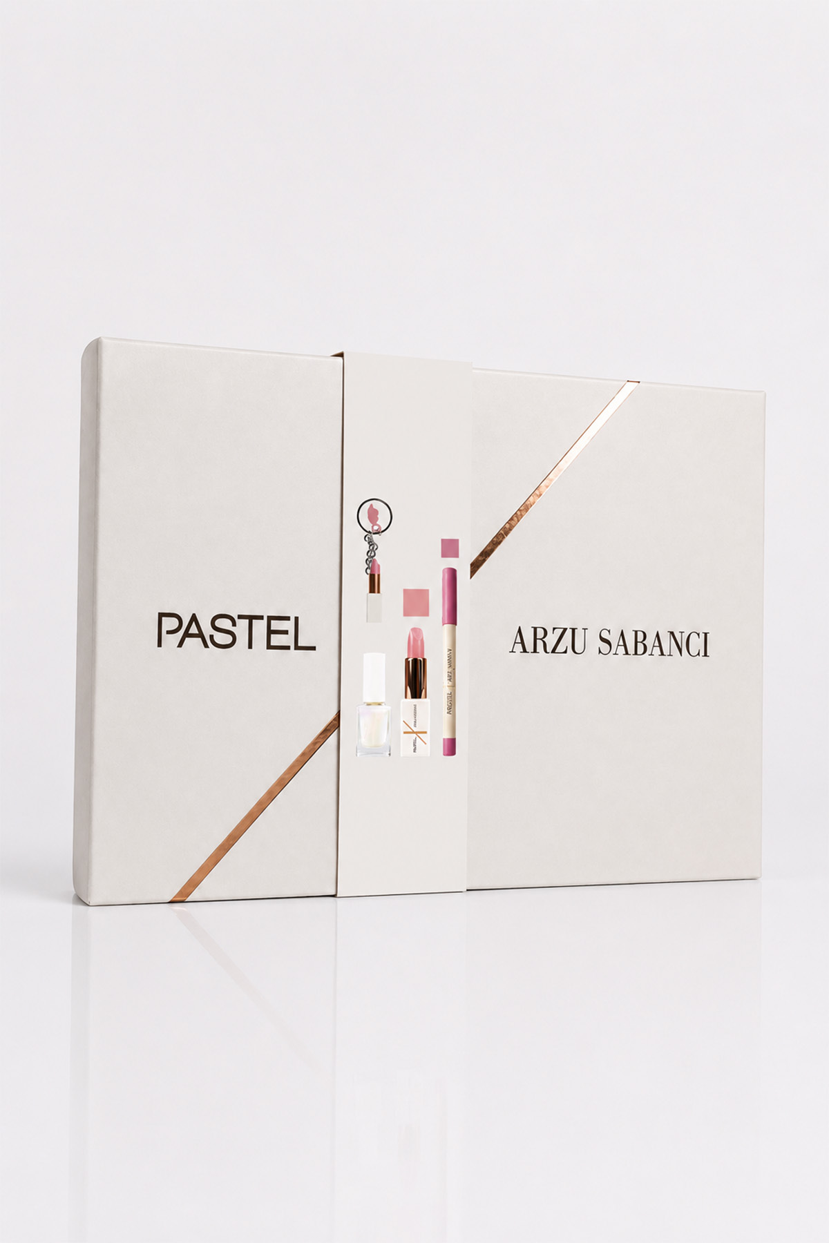 Pastel پاستل لاک ناخن براق تابستانی Arzu Sabancı + رژ لب + مداد لب + جاکلیدی شماره ۲ | ست آرایش هدیه — M0930-0001