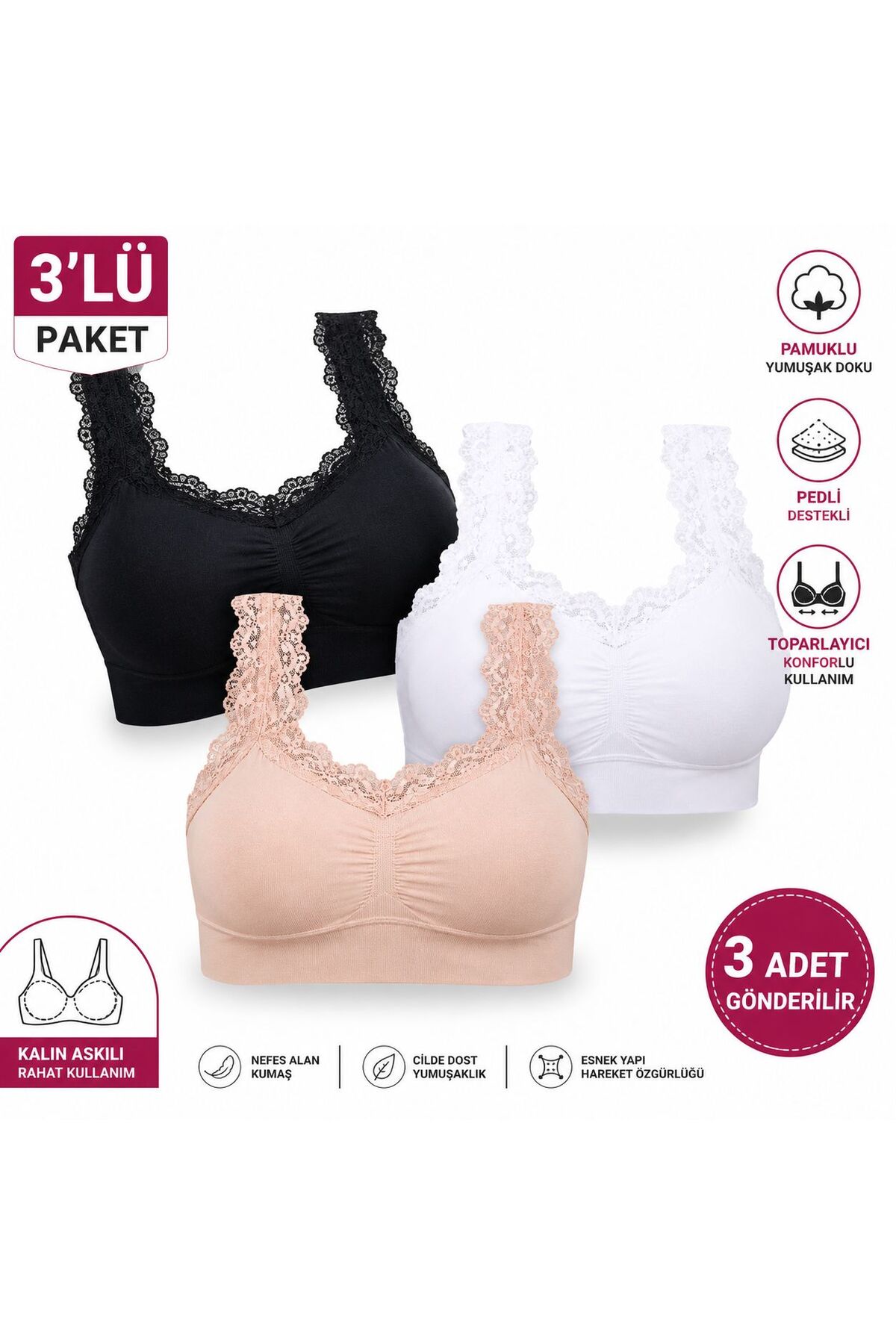COMFORT SECRET Kadın 3'lü Paket Pamuklu Toparlayıcı Pedli Dantelli Kalın Askılı Sütyen