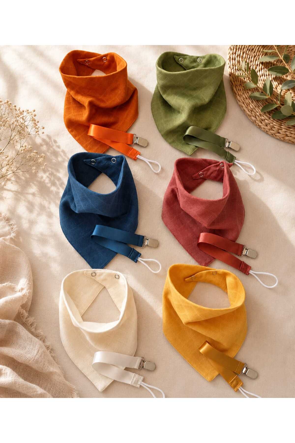 12 Piece Set / 6 Pieces Muslin Scarf, Saliva Apron / 6 Pieces Pacifier Strap / Baby Gift