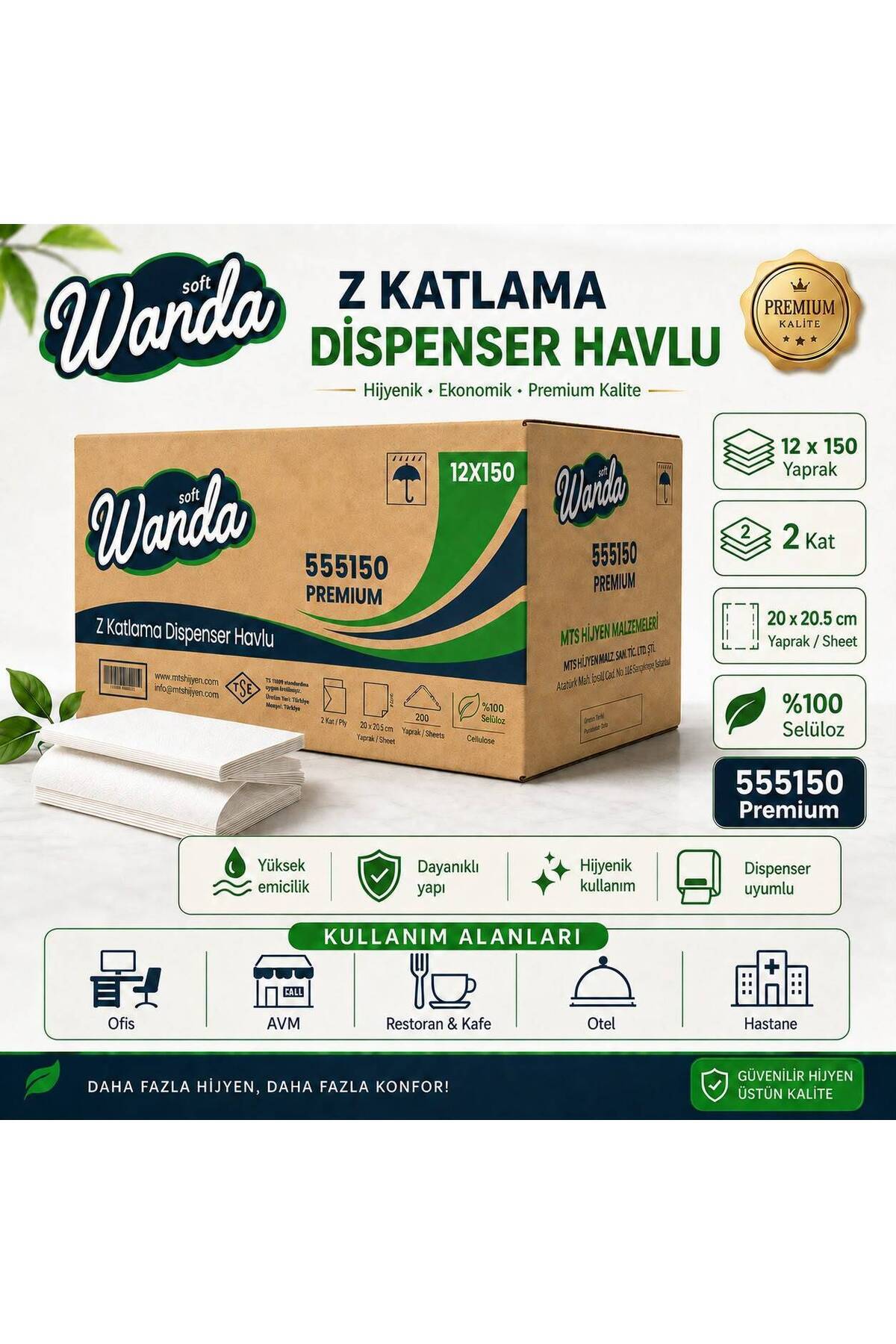 Wanda soft Z Katlama Dispenser Havlu 21x20 cm | 12'li x 150 Yaprak