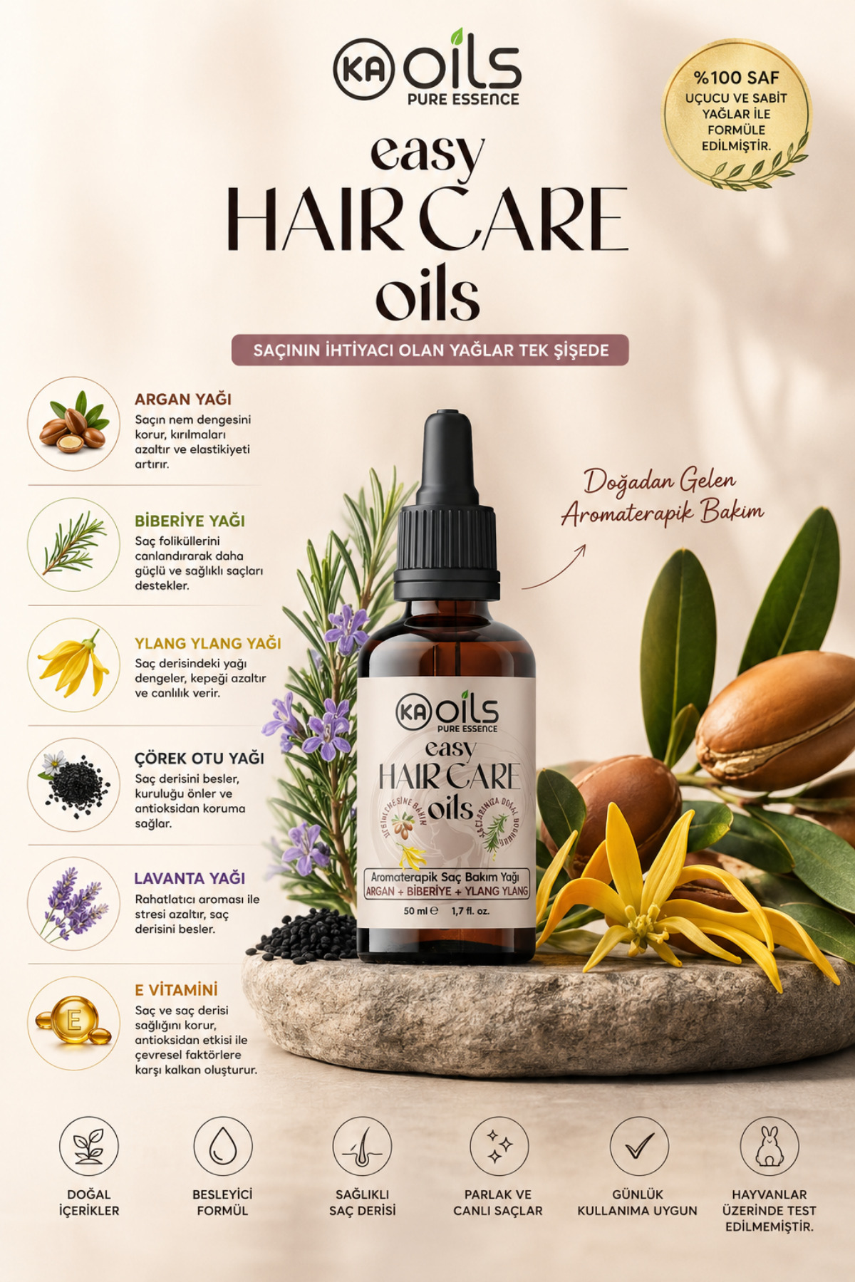 Easy Hair Care Doğal Saç Bakım Yağı 50 ml | Biberiye, Argan, Ylang Ylang | Gürleştirici Etki — TYCXJ8MX2N172737151078721 — تصویر 4 از 7