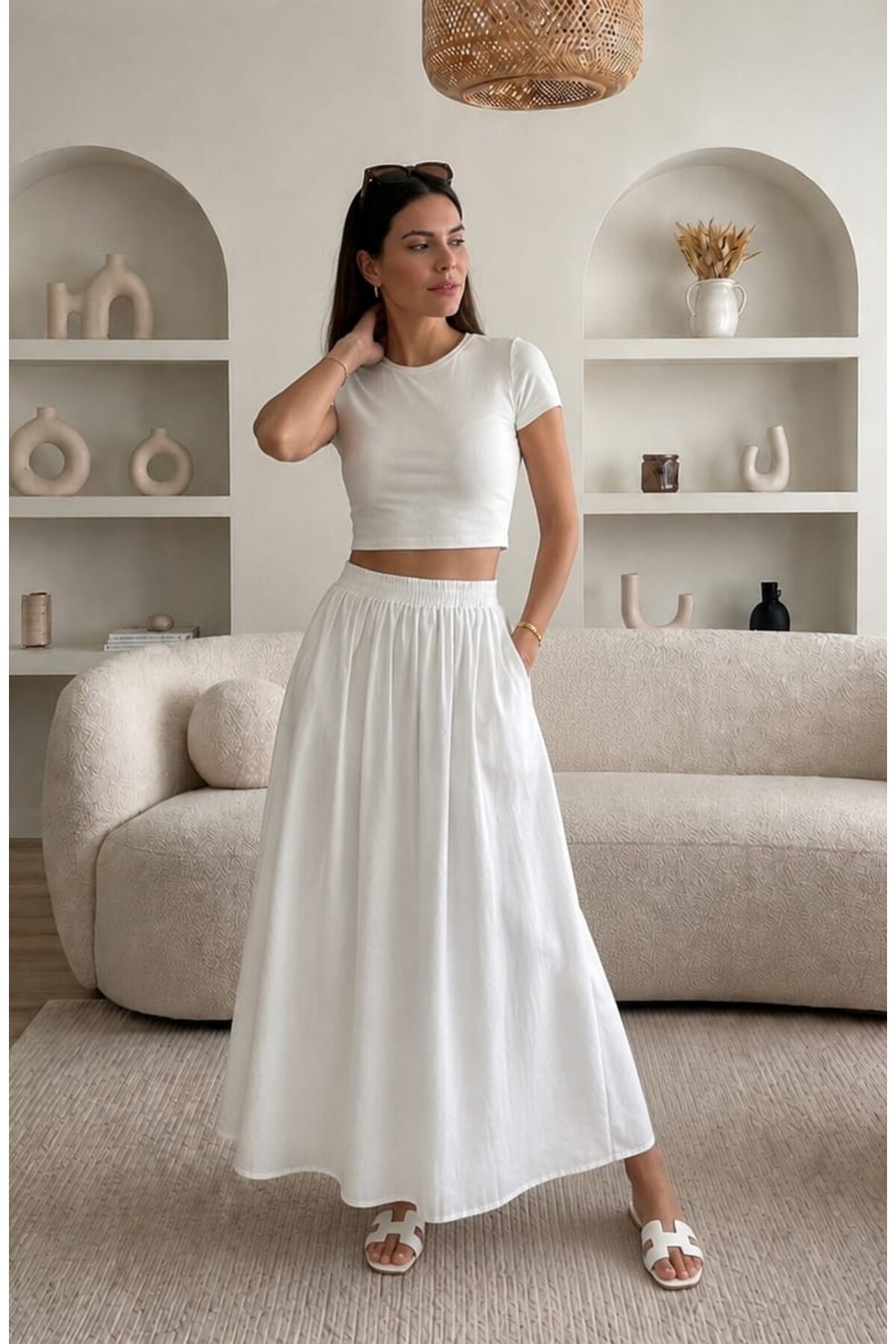 Gülmude  Çift Cepli Poplin Kumaş Beli Lastikli İç Göstermez Maxi Etek (90 CM) - Görsel 7