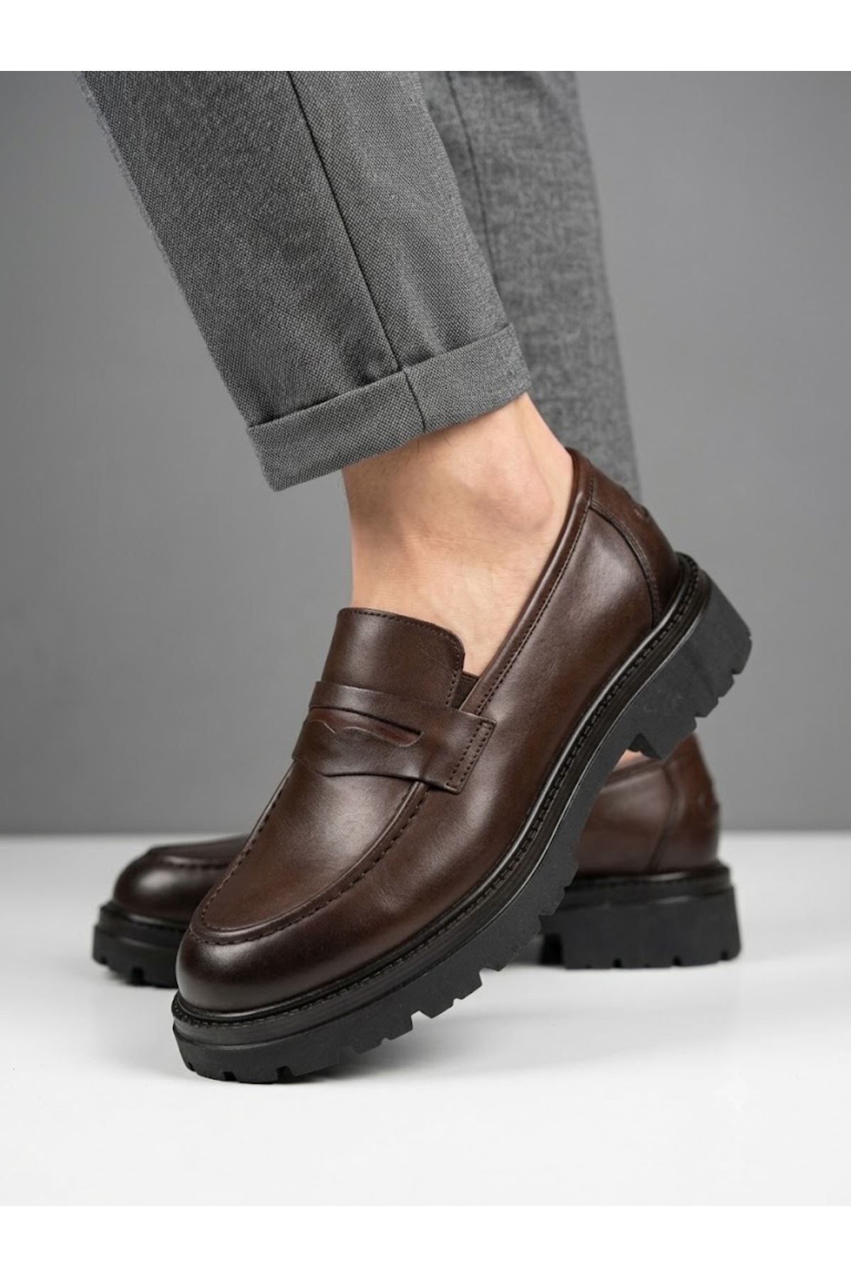 Lütfi Erkek Hakiki Deri Kahve Kalın Tabanlı Klasik Loafer Ayakkabı görsel 2