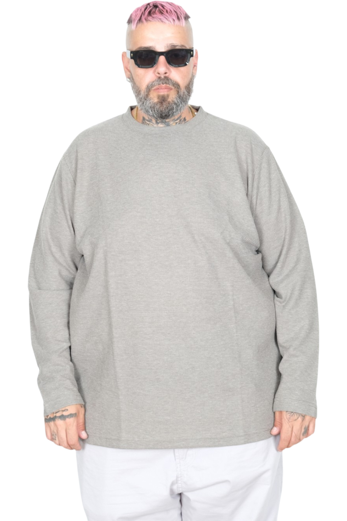 ModeXL Mode XL Büyük Beden Erkek Sweatshirt Bisiklet Yaka Uzun Kol WAFFLE 23460 Haki