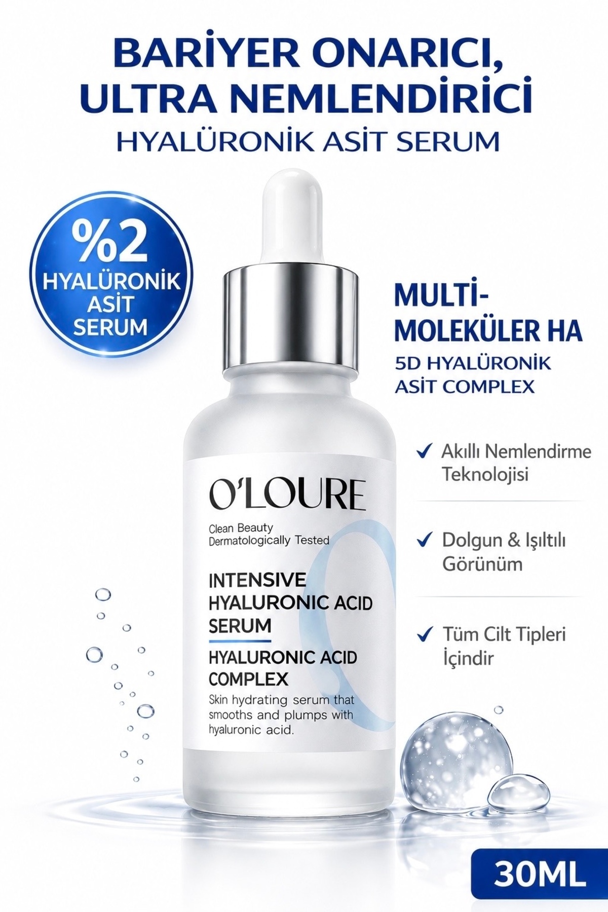 Yoğun Nemlendirici %2 Hyalüronik Asit Serum 30 ml, İnce Çizgi Karşıtı, Bariyer Onarıcı, Dolgunluk — 8684278617010