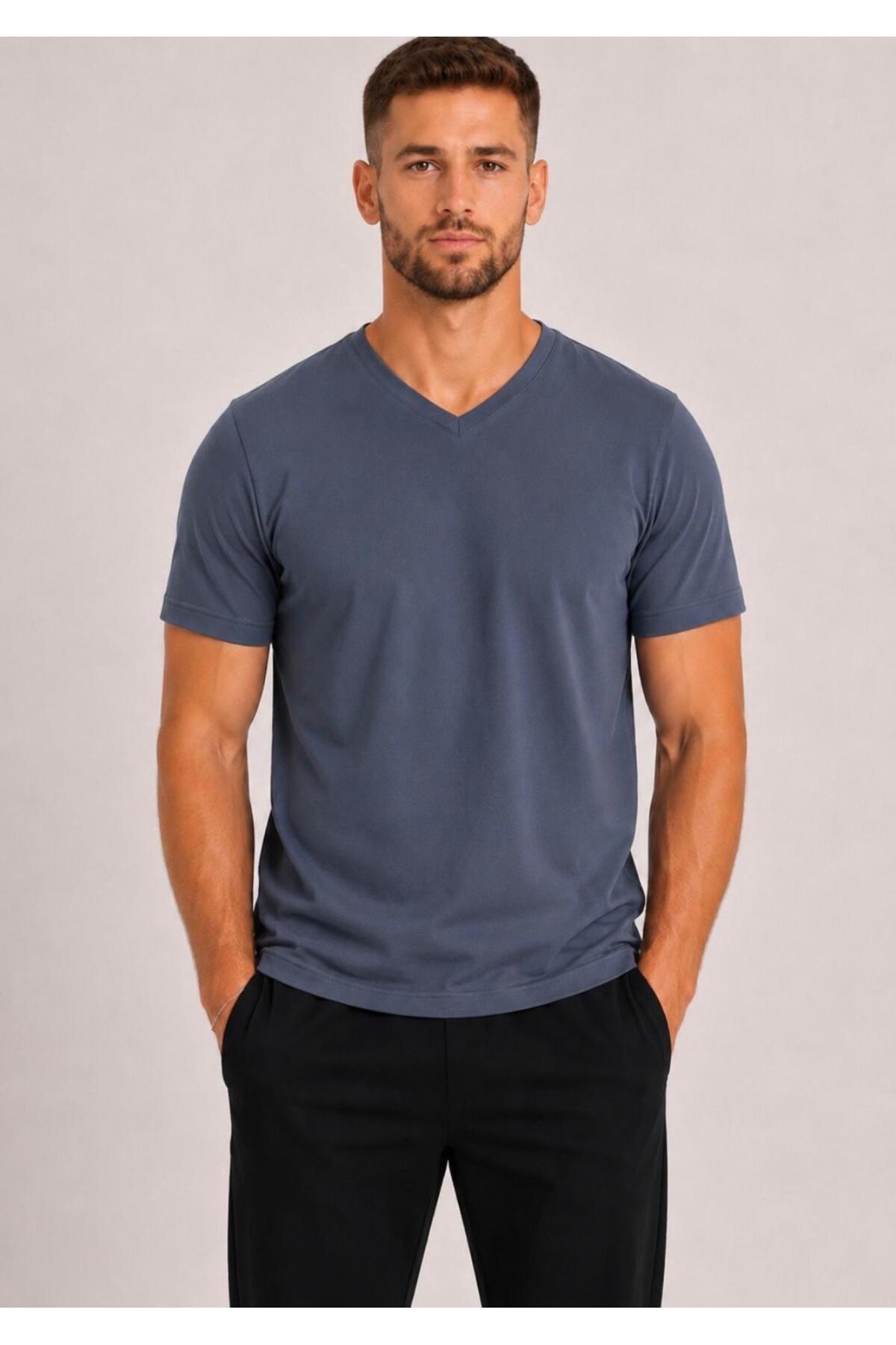 Men's Soft Smoked Cotton V-Neck Short Sleeve T-shirt-d804