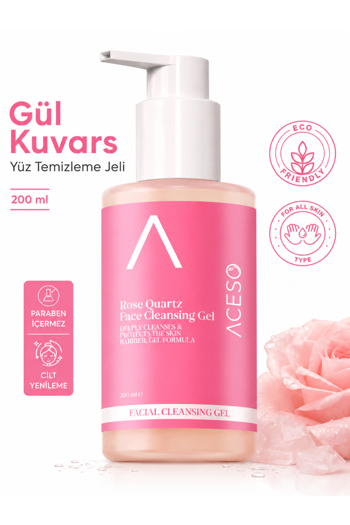 Aceso Cosmetics Gül Kuvars Yüz Temizleme Jeli 200 ml | Tüm Cilt Tipleri — yüz temizleyici jel