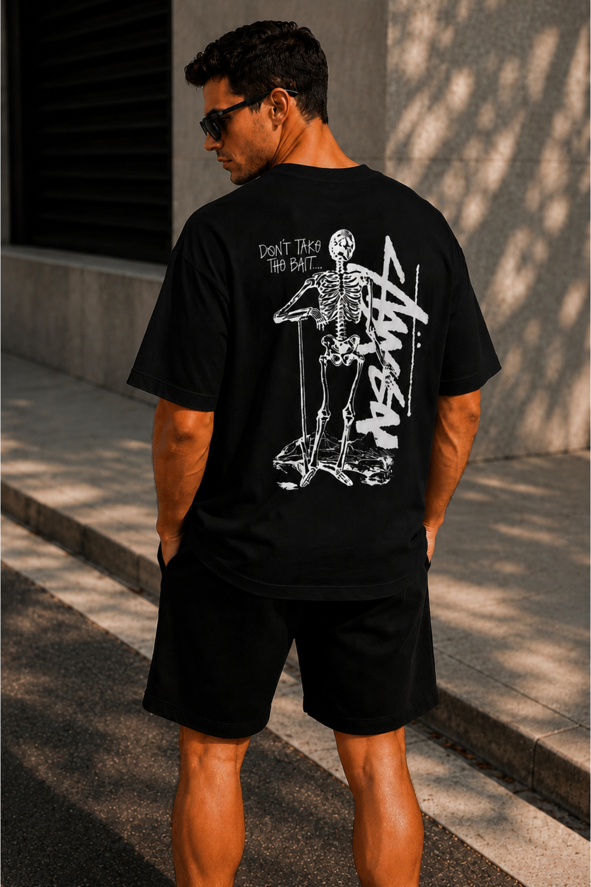 Unisex Stüssy İskelet Baskılı Oversize %100 Pamuk Geniş Kesim Dokulu Bisiklet Yaka T-Shirt RF0514