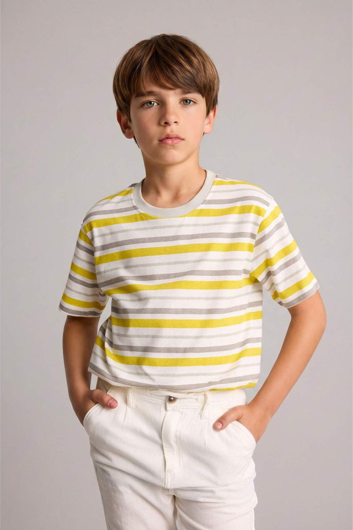 Defacto 100% Cotton New Regular Fit Crew Neck Striped Fabric Short Sleeve Yellow T-Shirt Boys H7908A826H
