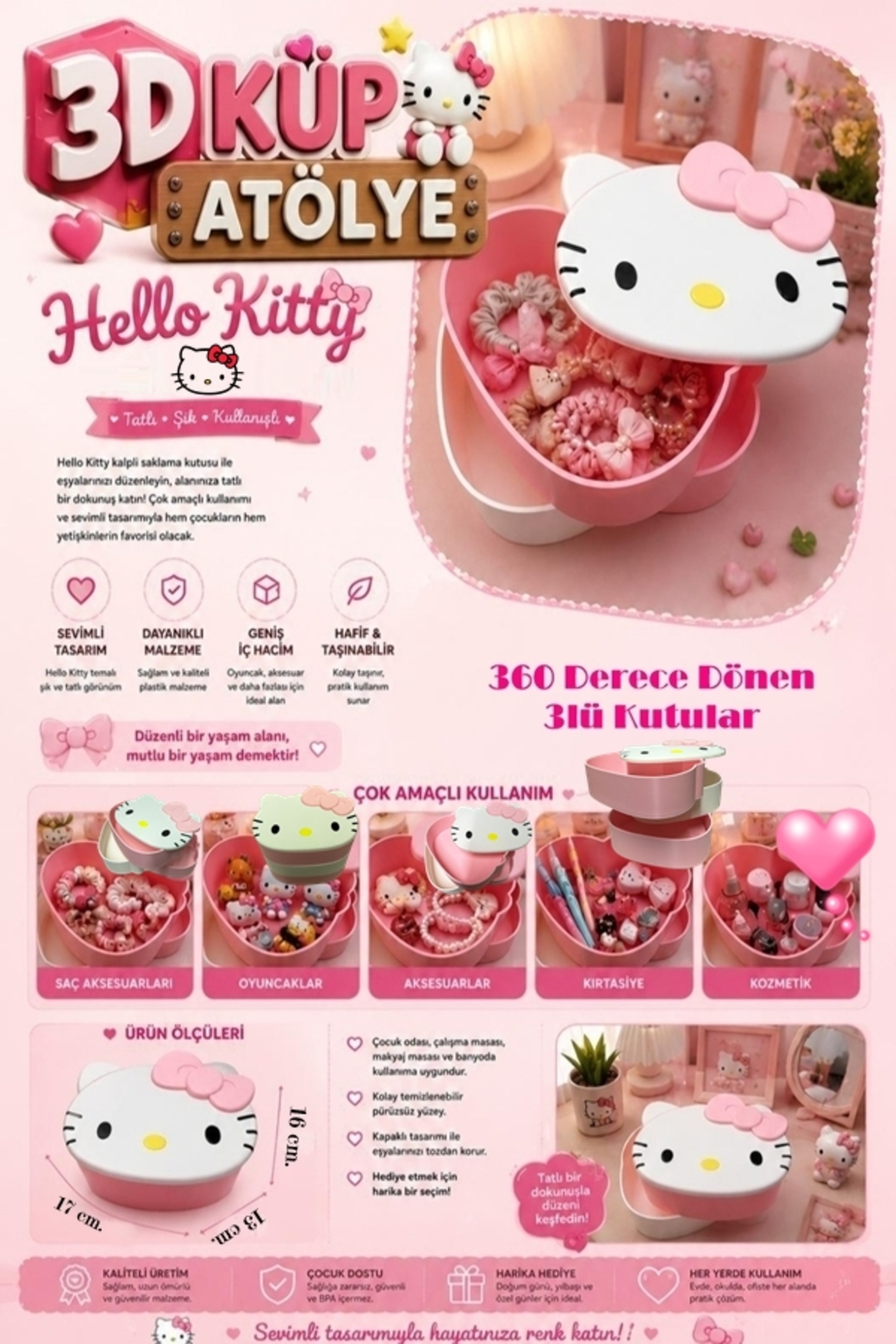 Küp Atölye Hello Kitty 360 Derece Dönebilen Çok Amaçlı 3lü Takı ve
