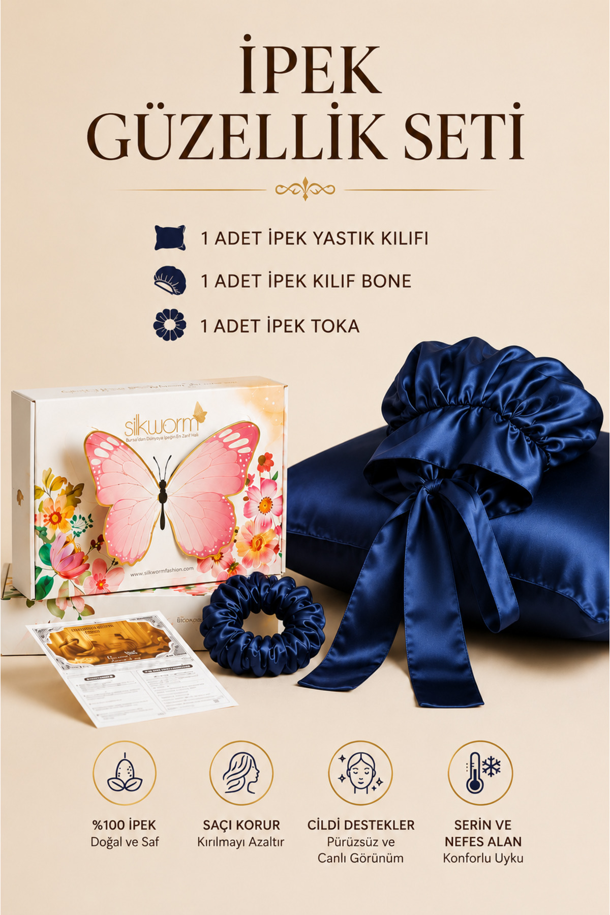 Silkworm Life 100% Silk Beauty Set โ Pillow Case (50x70) + Silk Bonnet + Silk Buckle | Hair & Skin Care Set