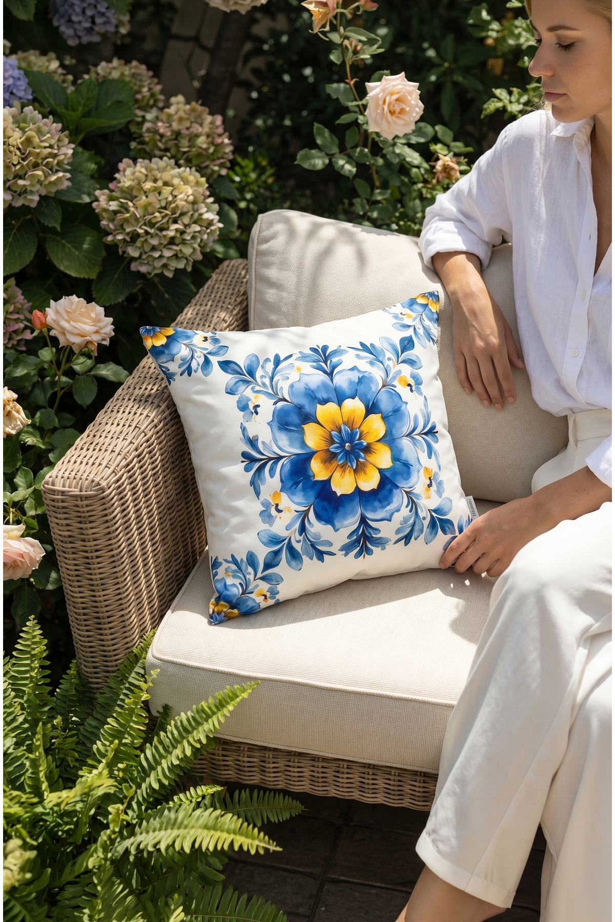Ephesus Tile Pattern Blue, Yellow, White Square Cushion 43 x 43 Cm Double Sided Cushion Cover