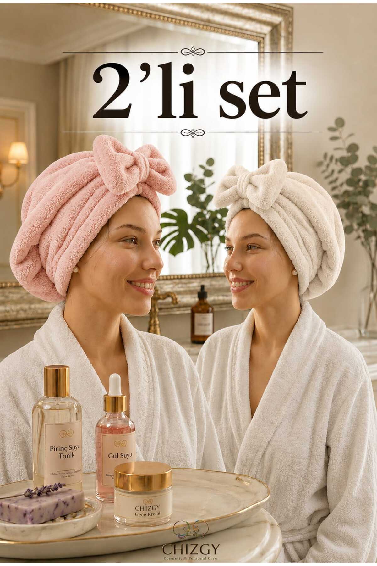 2 Adet Mikrofiber Saç Havlusu Bonesi Lastikli Fiyonklu