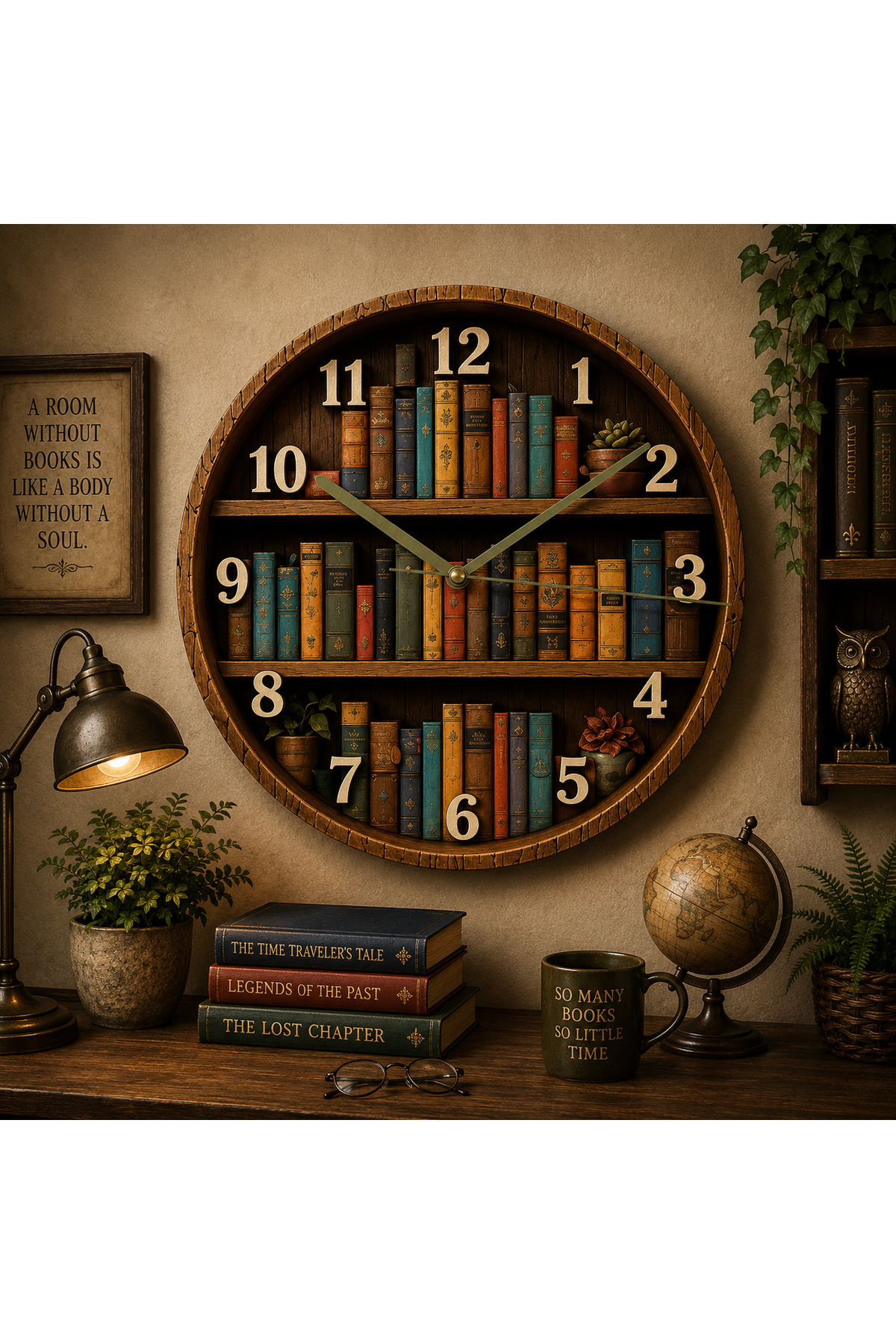 Book Shelf Library Color Printing Patterned Numbered Gift Wooden Silent Table Wall Clock 636