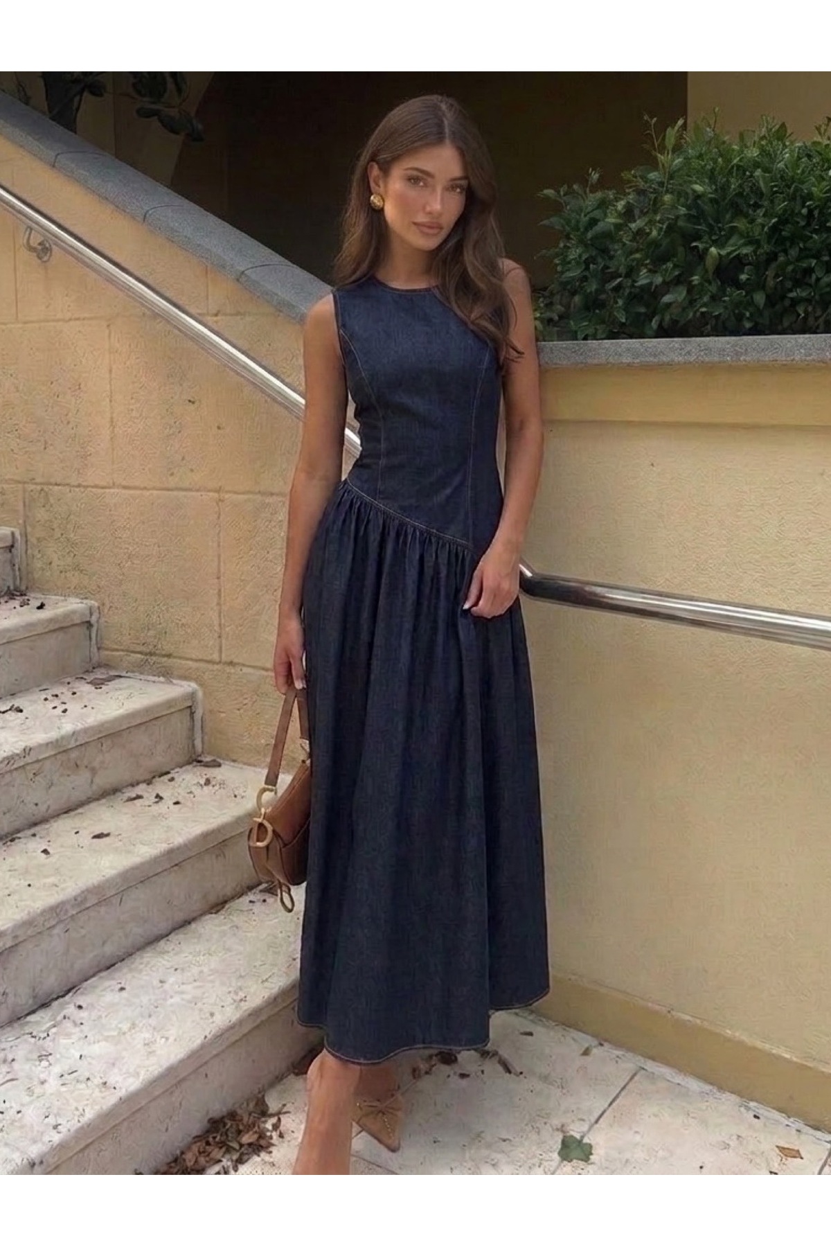 Women's Denim Dress Sleeveless Asymmetrical Cut Casual Jean Dress Dark Navy