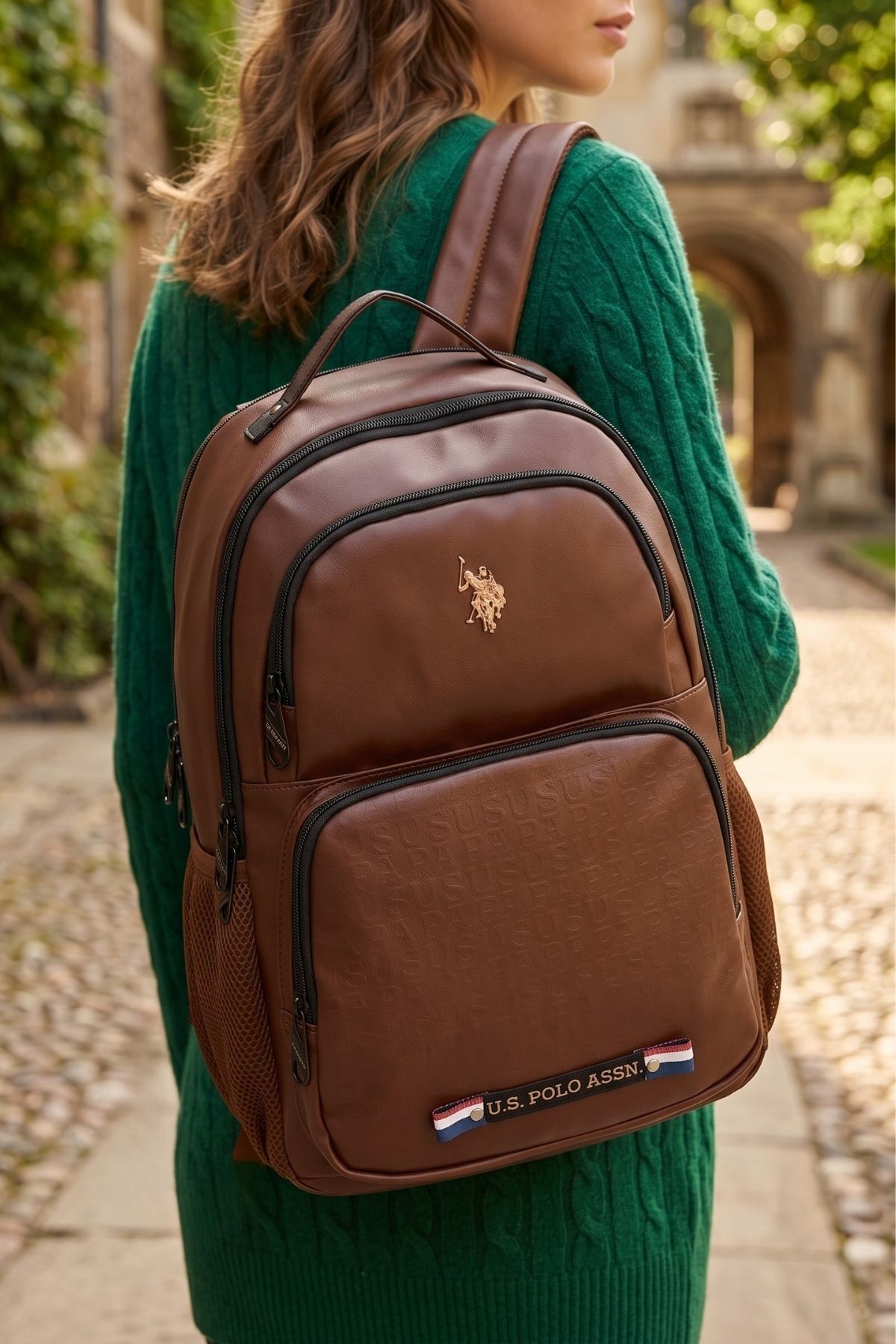 U.S. Polo Assn. 24424-24426 Unisex Vegan Sırt Çantası Okul Çantası Seyahat Kamp Çantası KAHVERENGİ görsel 2