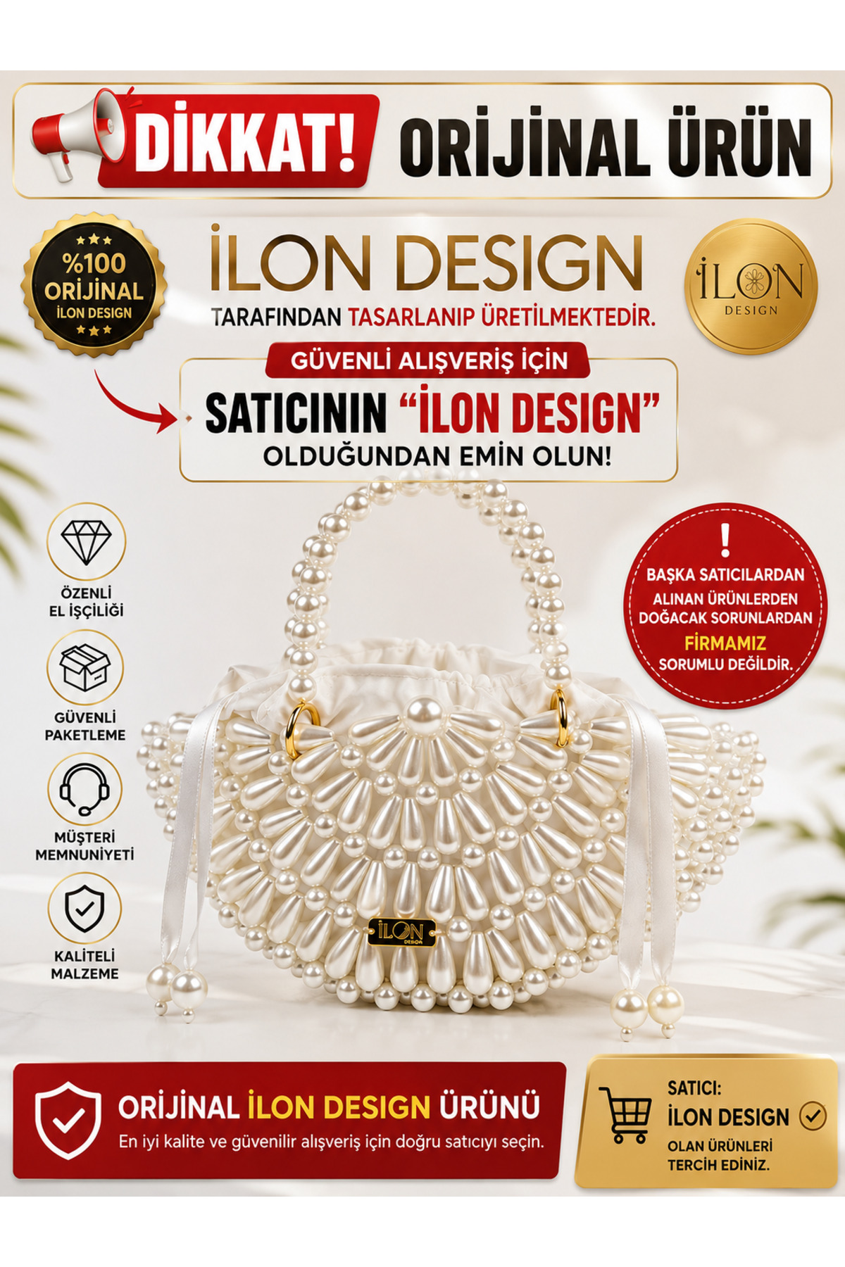 İlon Design İstiridye İnci Boncuk İşlemeli Şık El Çantası görsel 2
