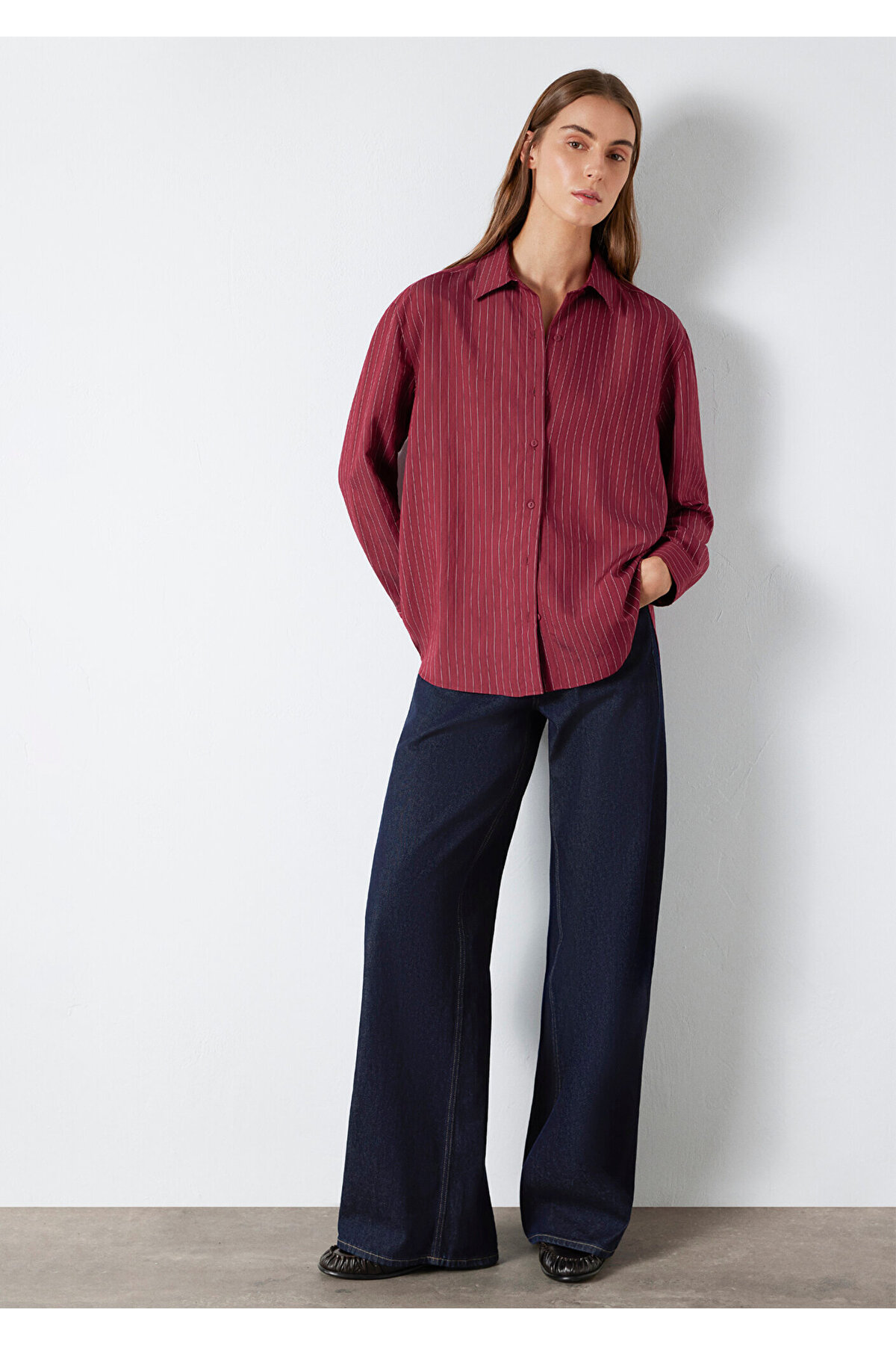 Çizgili Bordo Gömlek Loose Fit / Bol Rahat Kesim 1210683-91379 — قرمز — تصویر 2 از 7