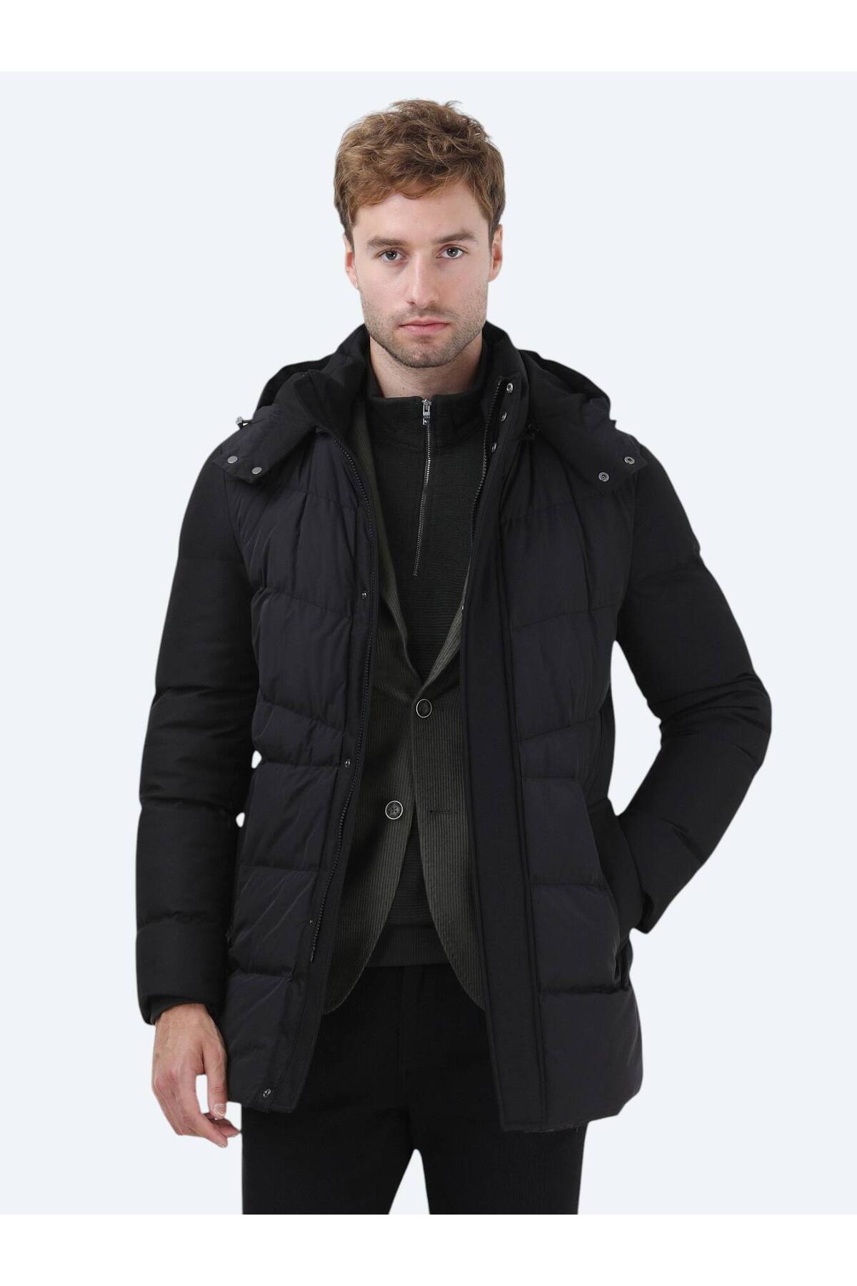 Kip Siyah Regular Fit Kapüşonlu Casual Dokuma Kaban