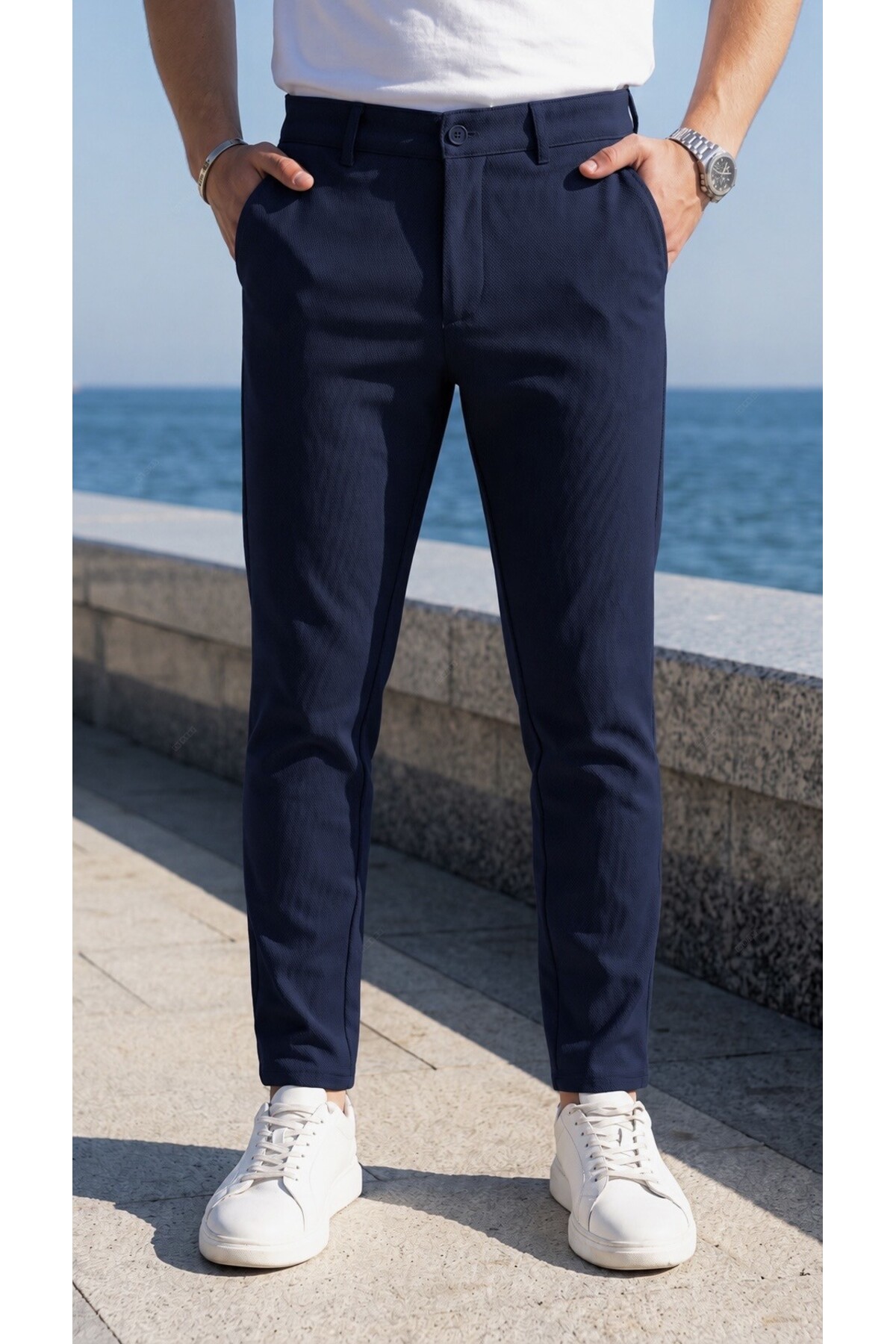 DOPPİO'N DENİM Erkek Lacivert Slim Fit Esnek Likralı Keten Pantolon
