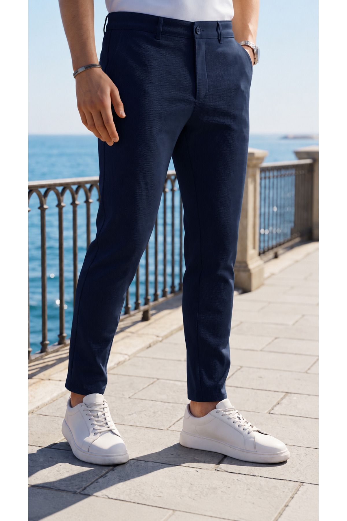 DOPPİO'N DENİM Erkek Lacivert Slim Fit Esnek Likralı Keten Pantolon görsel 3