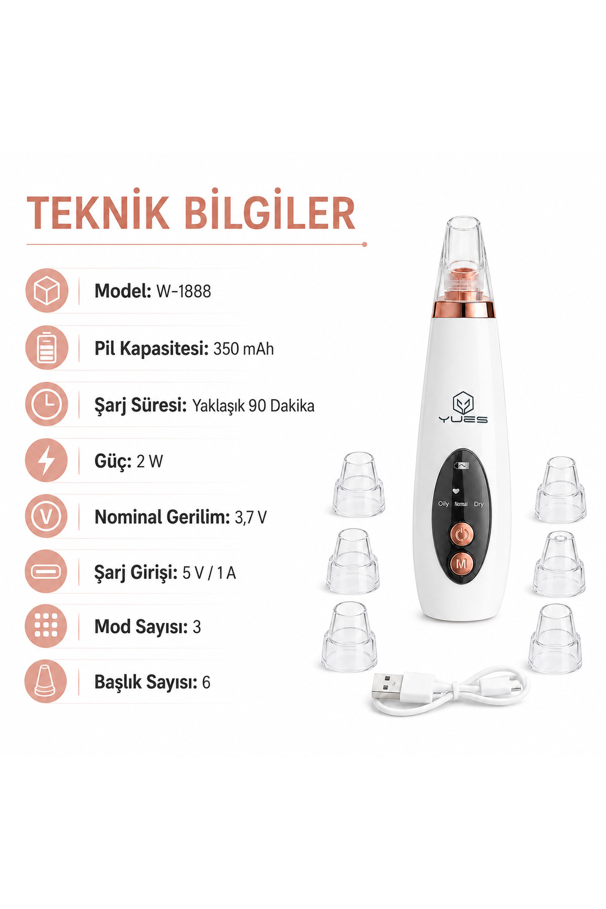 W-1888 Vakumlu Siyah Nokta Temizleme Cihazı, Akne Komedon Gözenek Bakımı, 3 Mod, 6 Başlık — تصویر 7 از 9