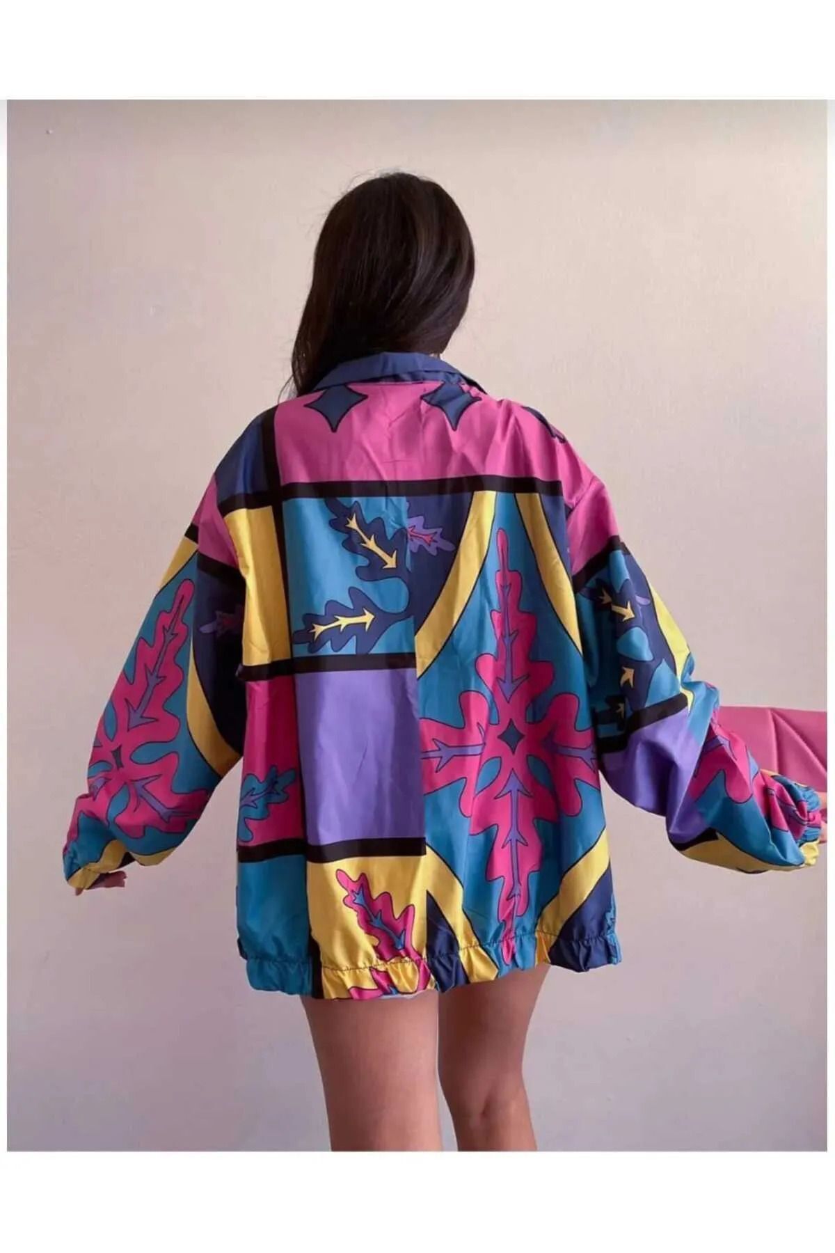 Lushen Unisex Paraşüt Kumaş Oversize Dijital Baskılı Siyah Rüzgarlık Yağmurluk İnce Ceket görsel 2