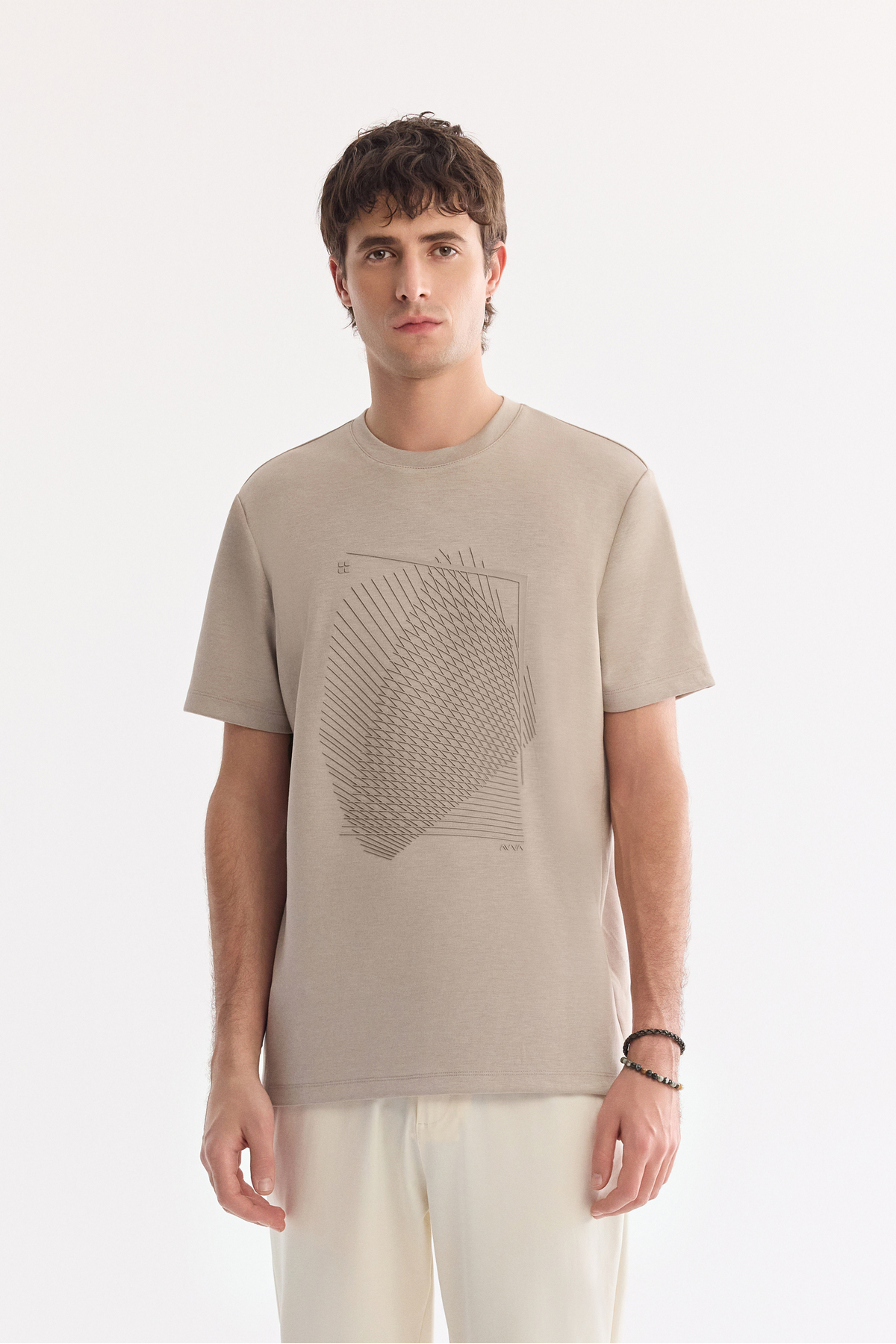 Avva Men's Mink Crew Neck Printed Bi-Stretch Interlock Regular Fit T-Shirt A61Y1056