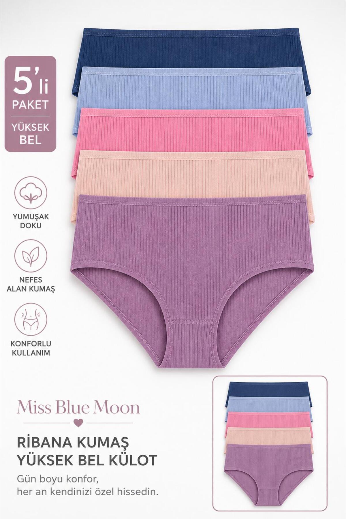 missblue moon Kadın Fitilli Ribana Pamuklu Külot 5'li Paket 5450