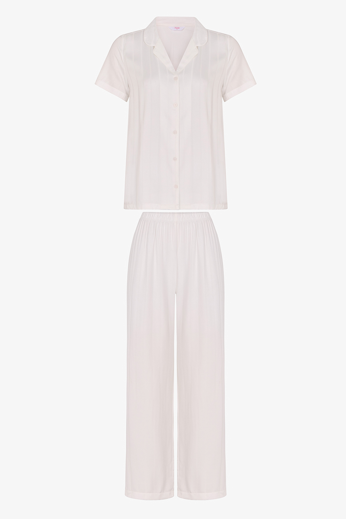 Penti Off-White Sophia Satin Striped Short Sleeve Shirt Pants Pajama Set