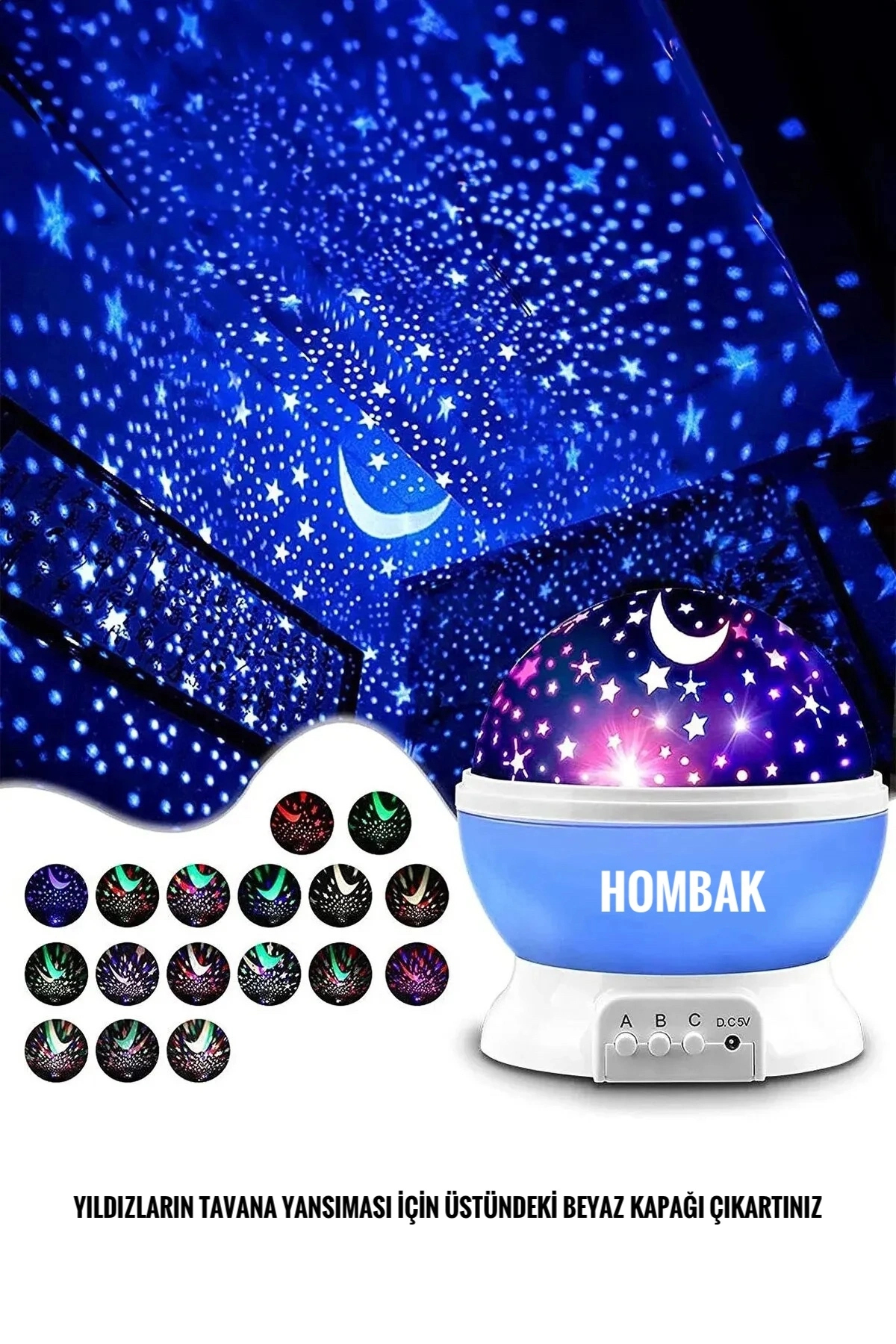 Hombak Gece Lambası Tavana Işık Yansıtan Dönen Yıldız Ay Projeksiyon Çocuk ve Genç Odası Lamba Işık Küresi